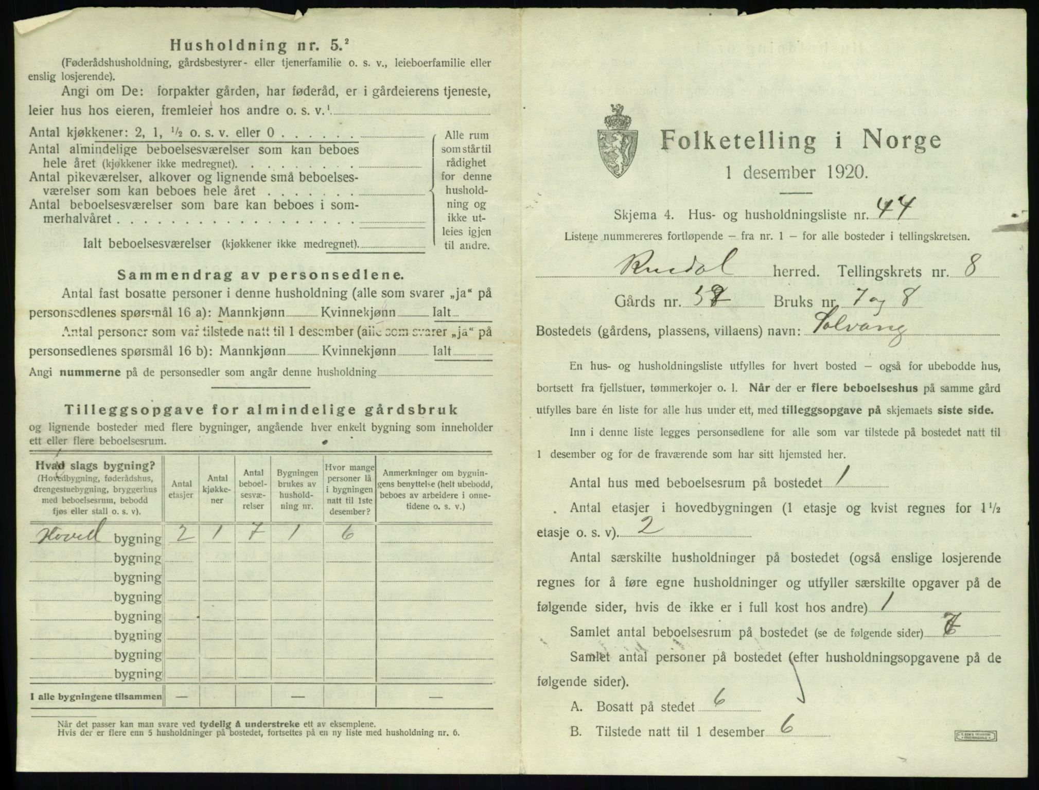 SAT, 1920 census for Rindal, 1920, p. 622