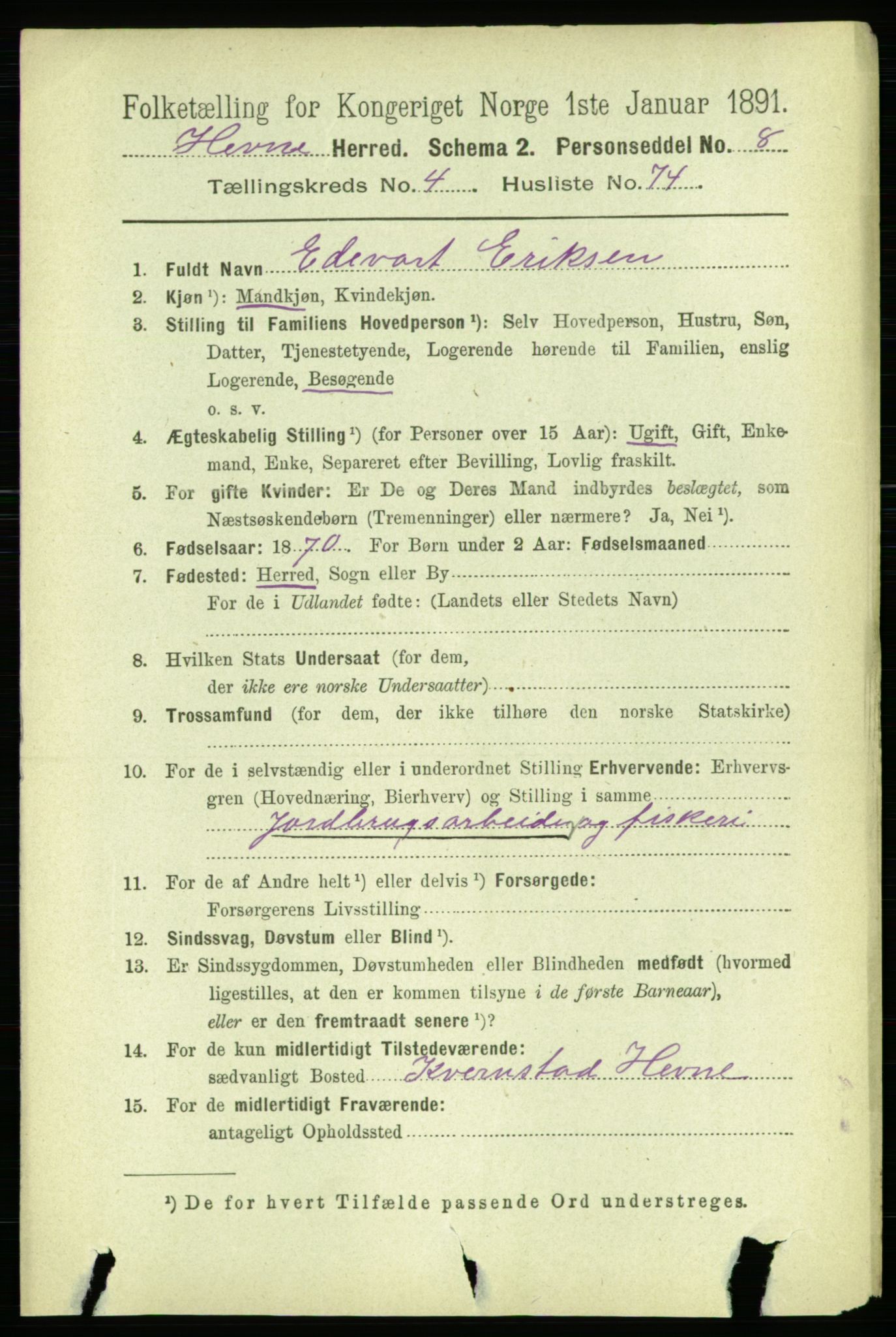 RA, 1891 census for 1612 Hemne, 1891, p. 2340