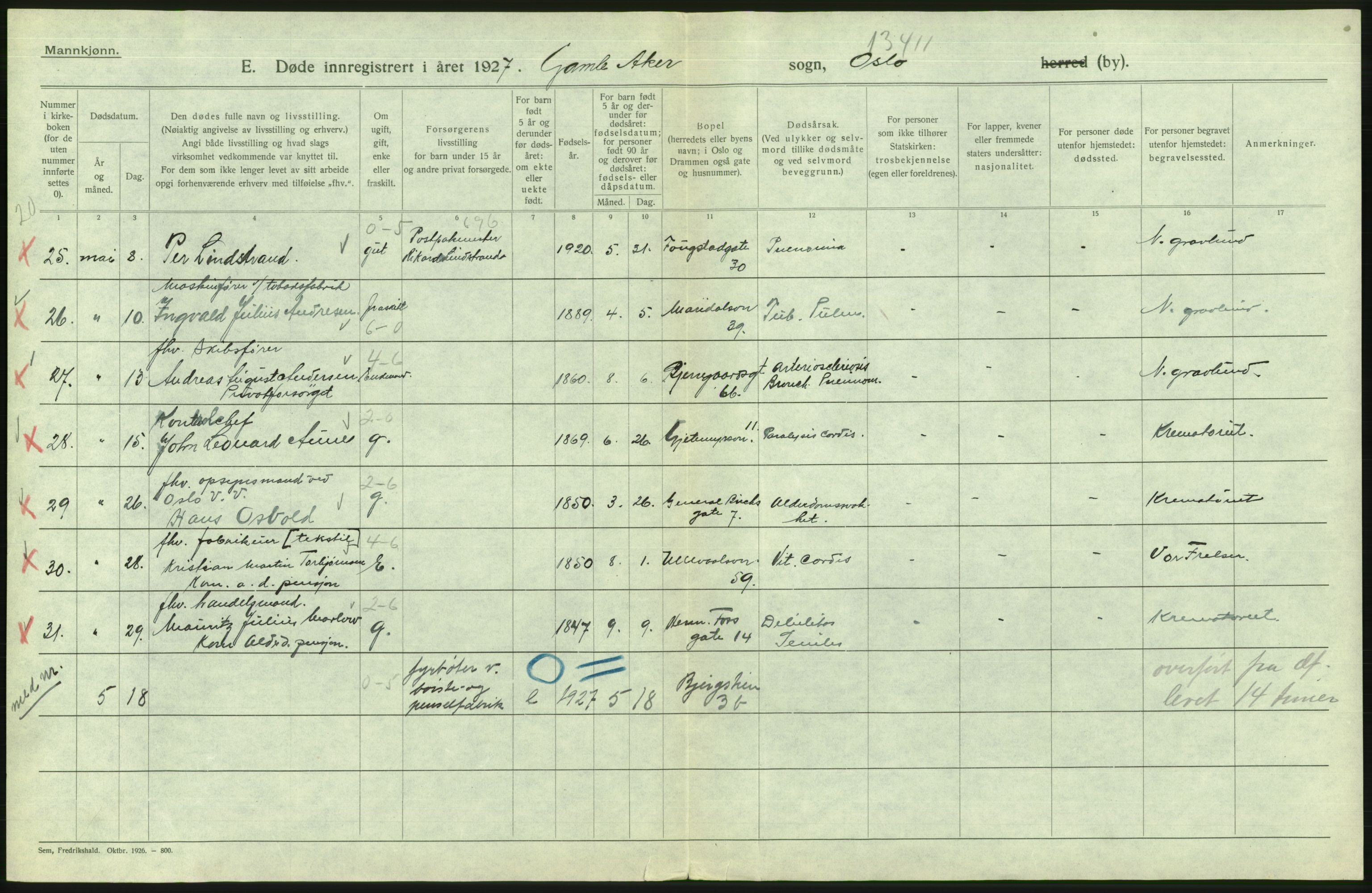 Statistisk sentralbyrå, Sosiodemografiske emner, Befolkning, RA/S-2228/D/Df/Dfc/Dfcg/L0009: Oslo: Døde menn, 1927, p. 198