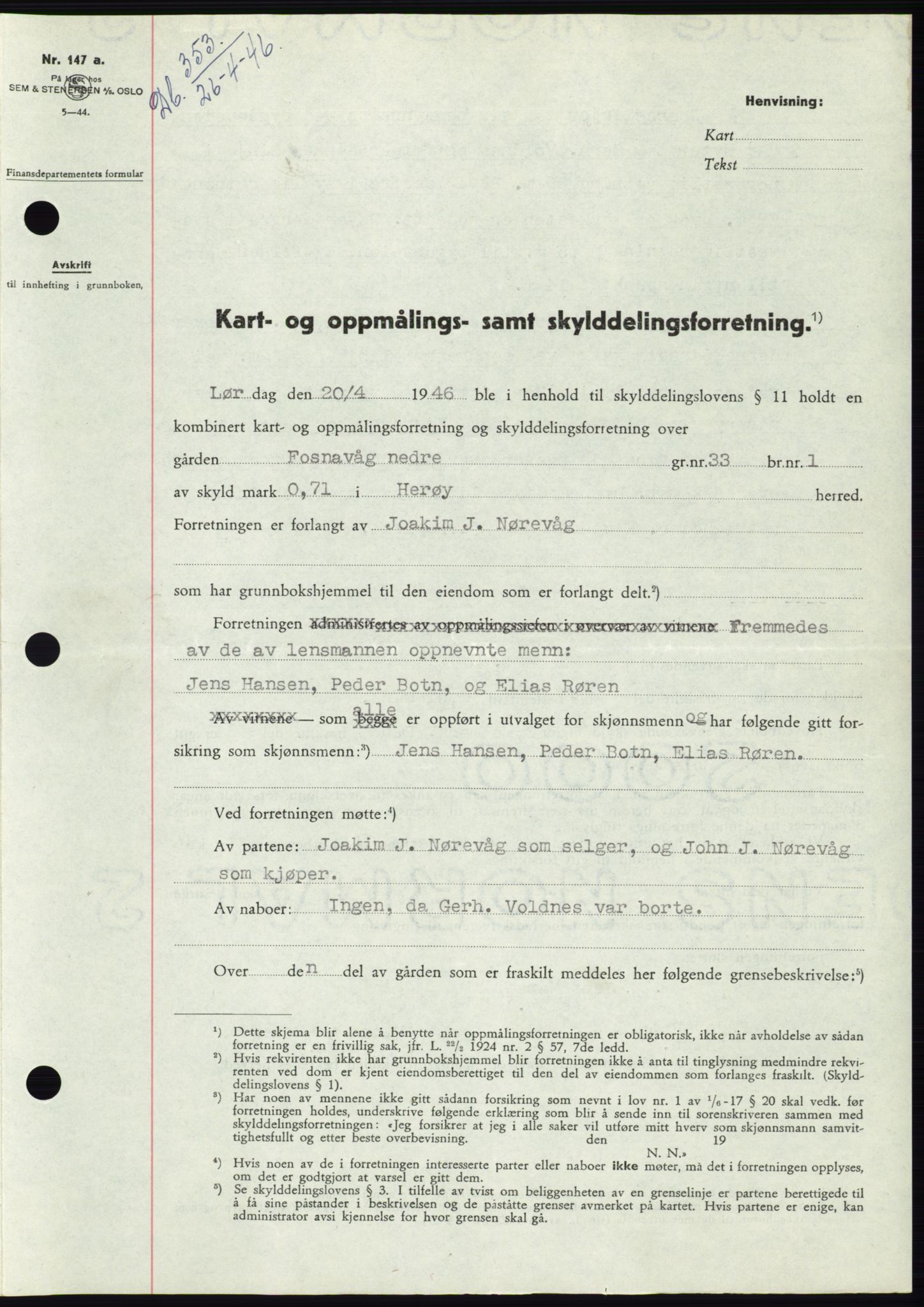 Søre Sunnmøre sorenskriveri, AV/SAT-A-4122/1/2/2C/L0078: Mortgage book no. 4A, 1946-1946, Diary no: : 353/1946