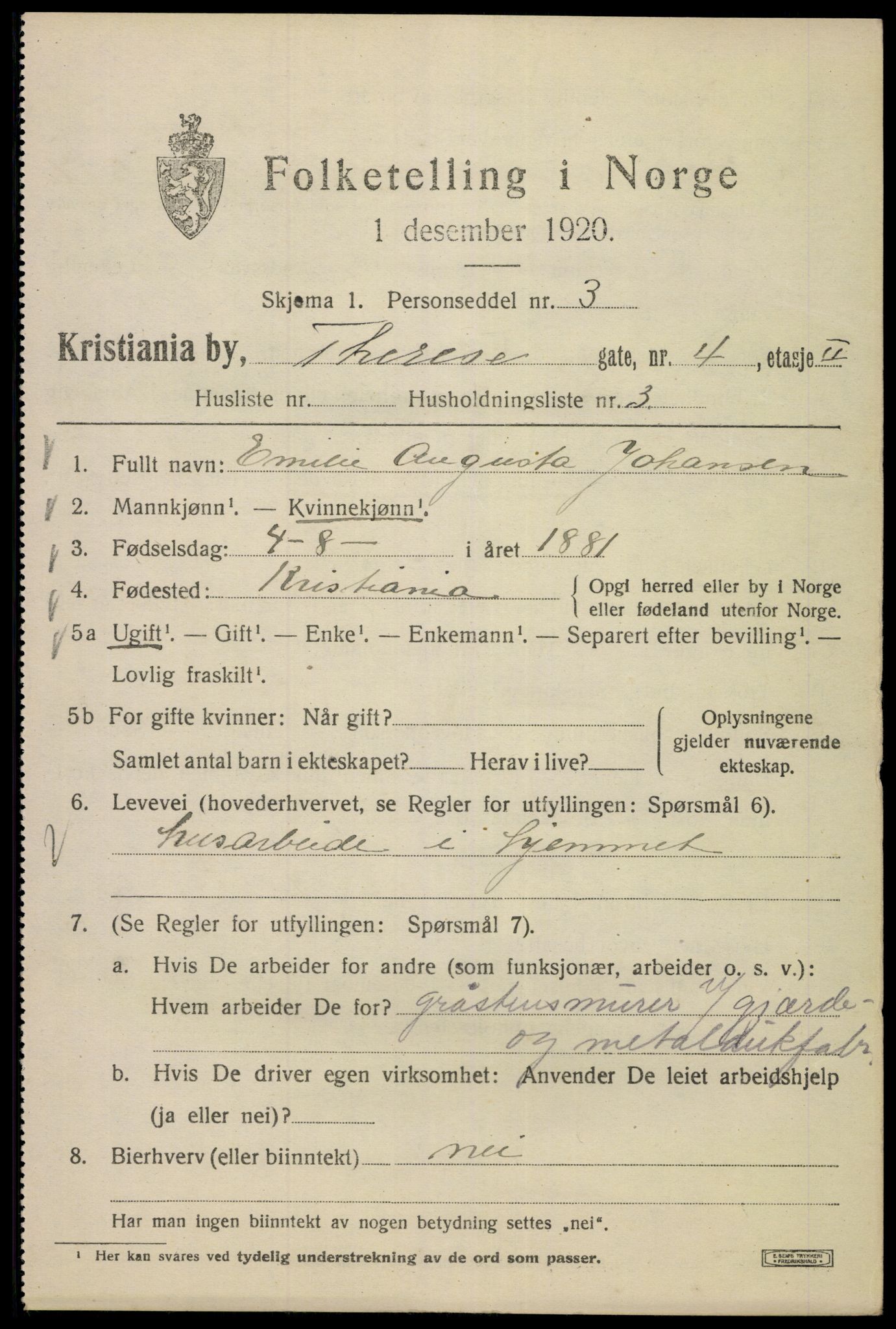 SAO, 1920 census for Kristiania, 1920, p. 566093