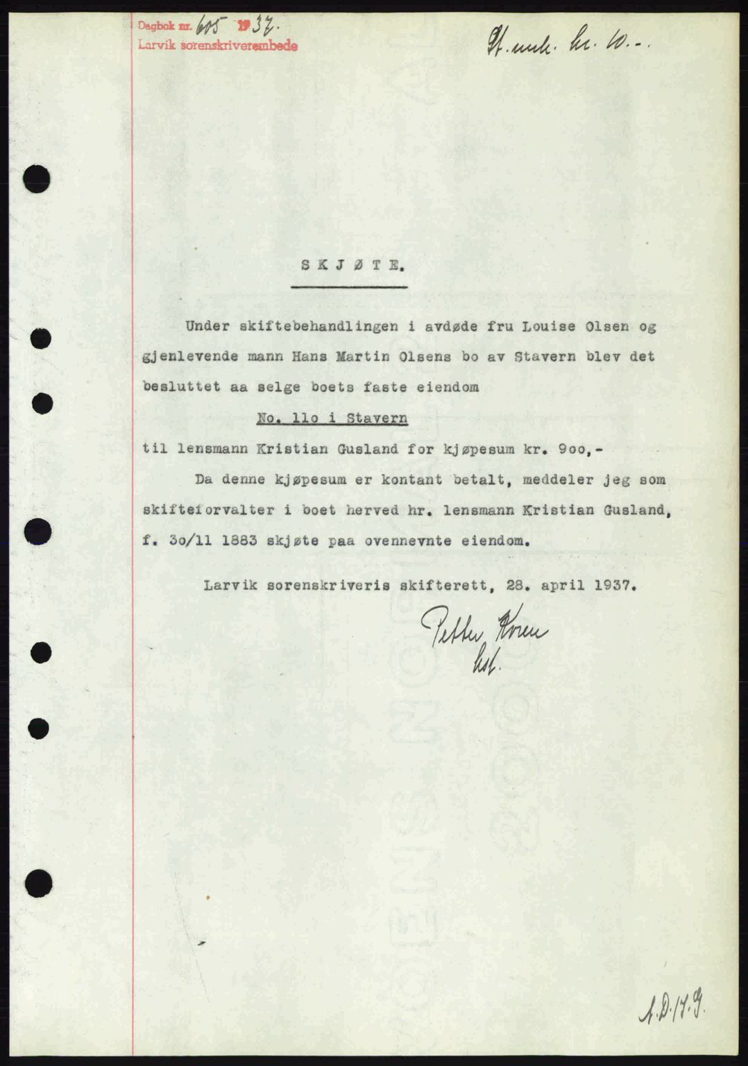 Larvik sorenskriveri, SAKO/A-83/G/Ga/Gab/L0067: Mortgage book no. A-1, 1936-1937, Diary no: : 605/1937