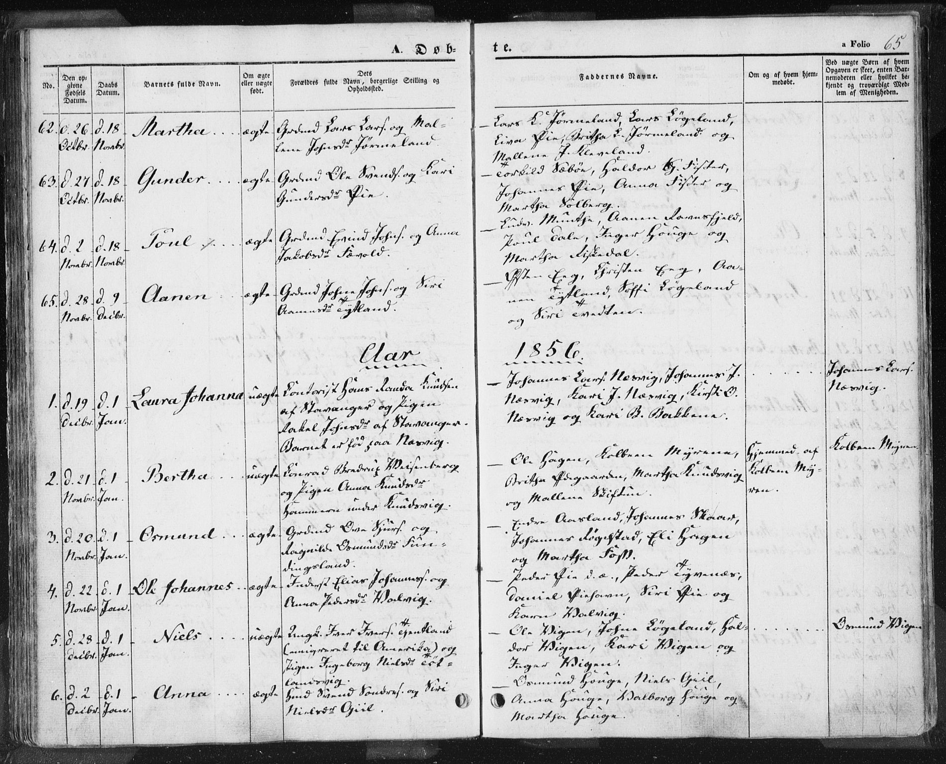 Hjelmeland sokneprestkontor, AV/SAST-A-101843/01/IV/L0009: Parish register (official) no. A 9, 1846-1860, p. 65