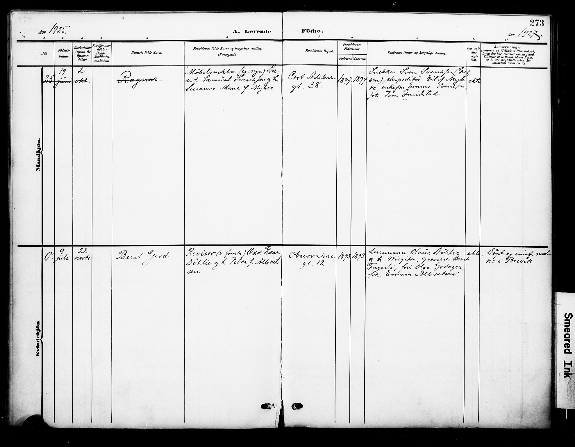 Johannes prestekontor Kirkebøker, SAO/A-10852/F/Fa/L0009: Parish register (official) no. 9, 1905-1929, p. 273