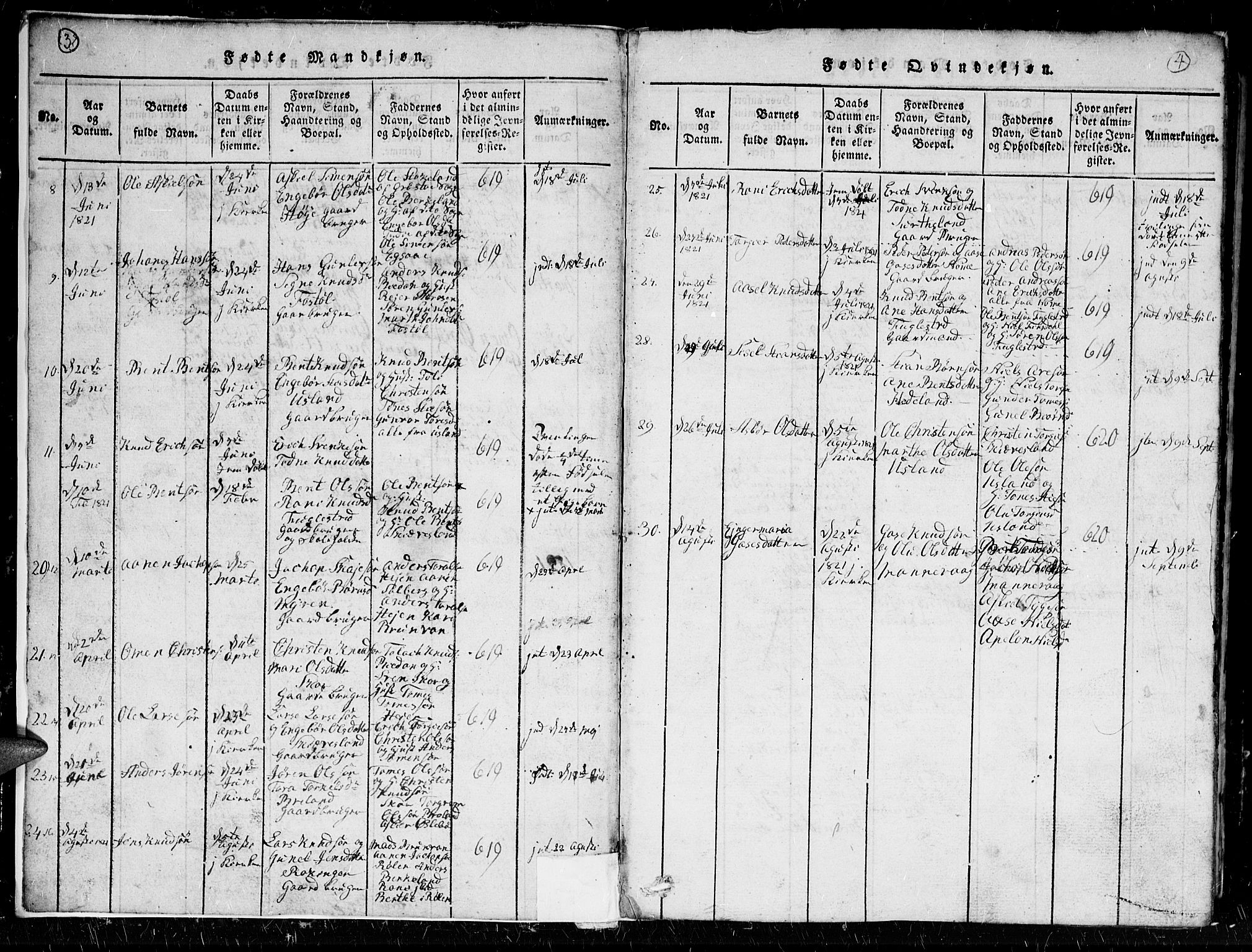 Holum sokneprestkontor, AV/SAK-1111-0022/F/Fb/Fbc/L0001: Parish register (copy) no. B 1, 1820-1859, p. 3-4