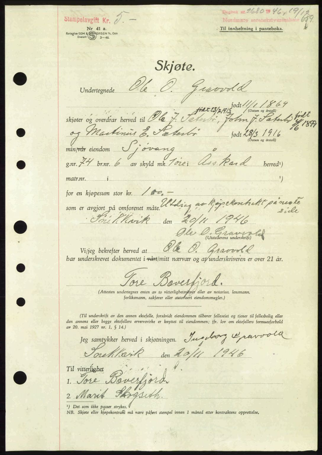 Nordmøre sorenskriveri, AV/SAT-A-4132/1/2/2Ca: Mortgage book no. A103, 1946-1947, Diary no: : 2680/1946