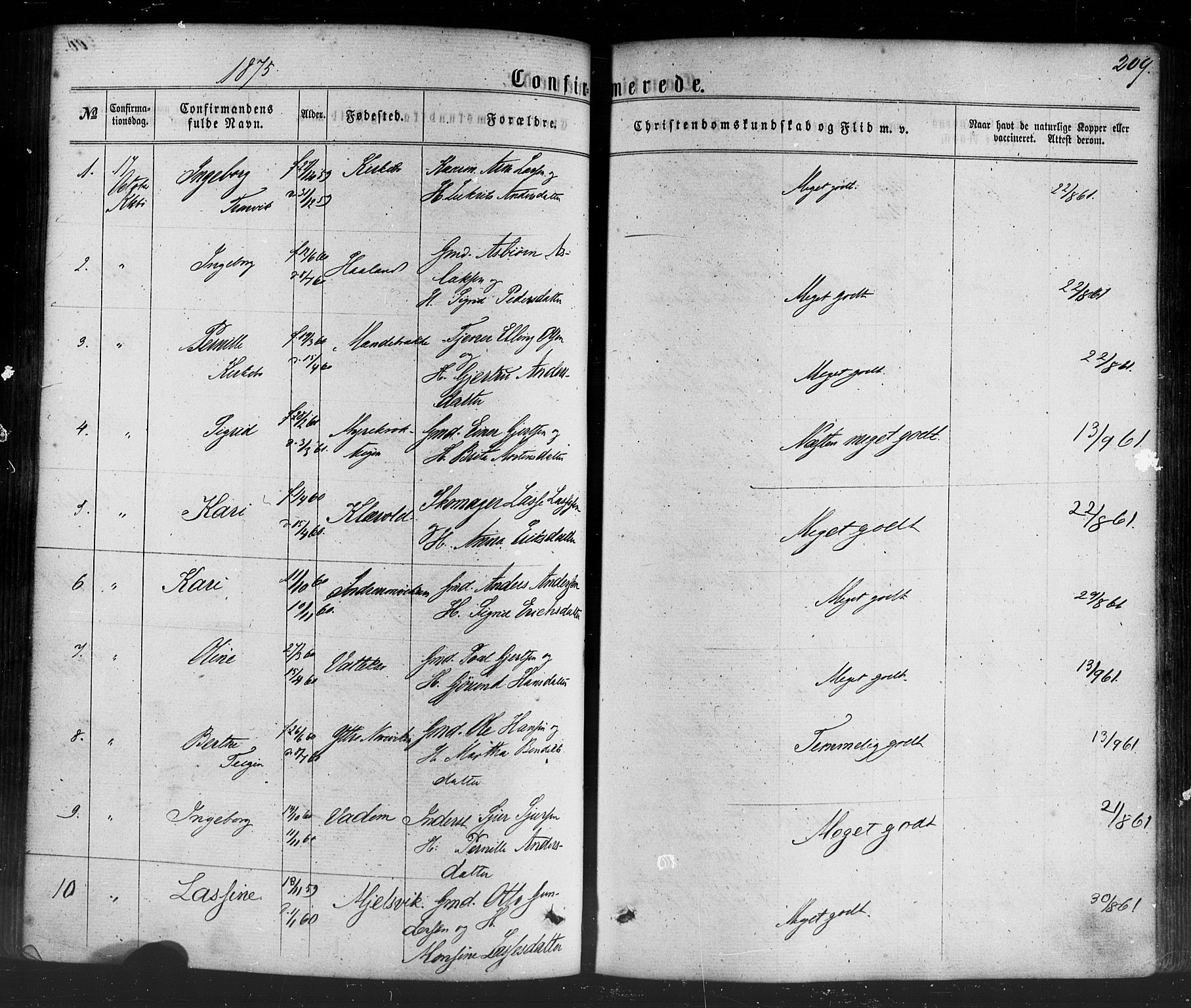 Lavik sokneprestembete, SAB/A-80901: Parish register (official) no. A 4, 1864-1881, p. 209