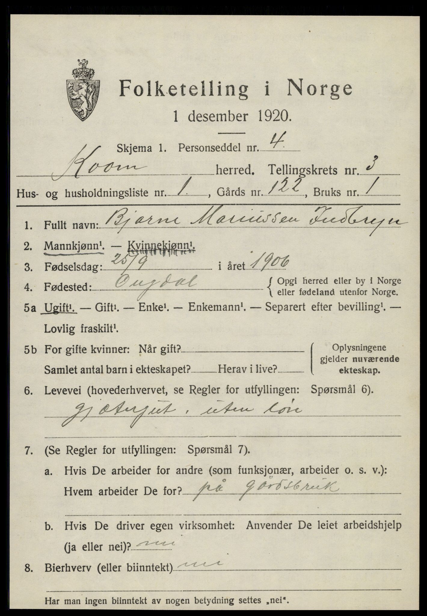 SAT, 1920 census for Kvam, 1920, p. 807