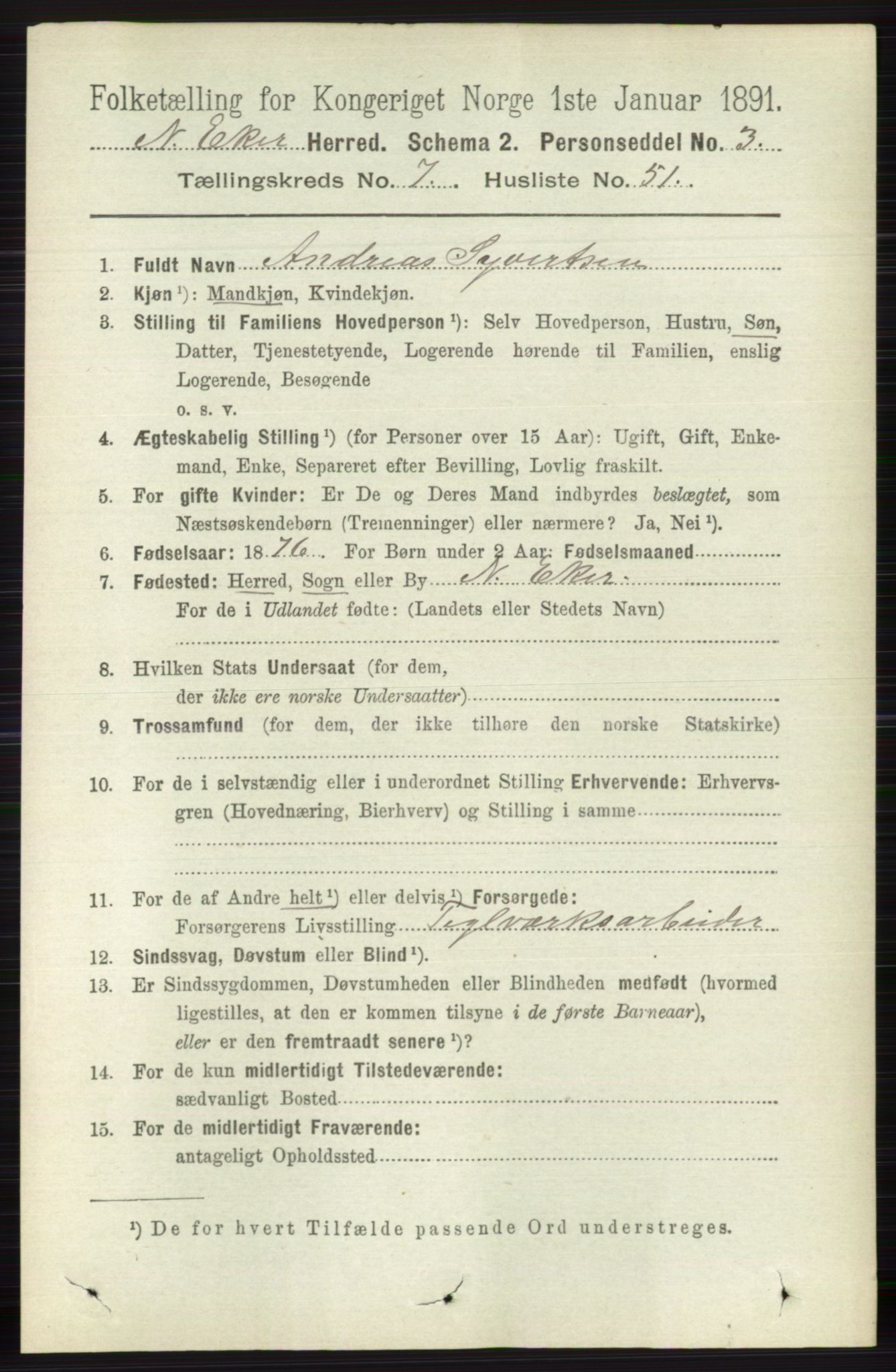 RA, 1891 census for 0625 Nedre Eiker, 1891, p. 3767