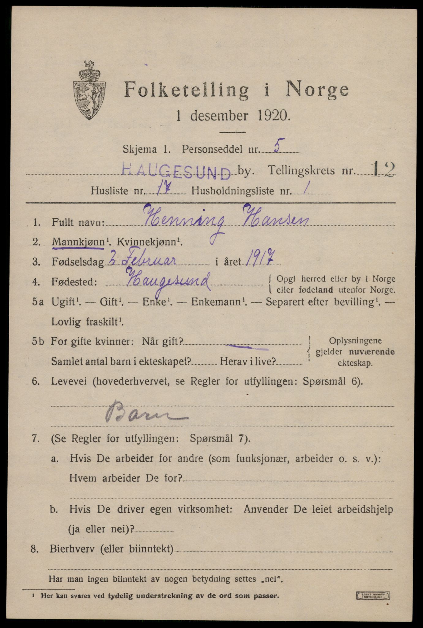 SAST, 1920 census for Haugesund, 1920, p. 38301