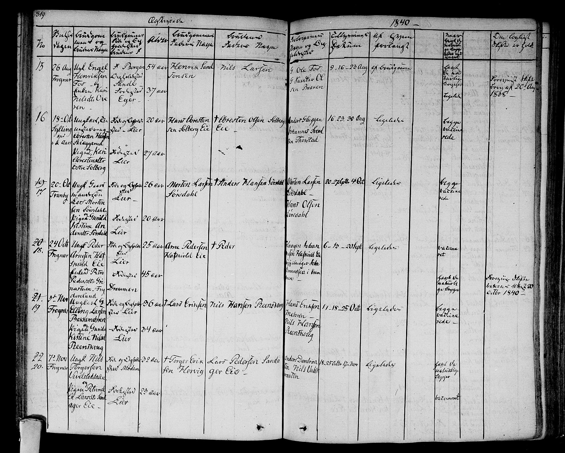 Lier kirkebøker, AV/SAKO-A-230/F/Fa/L0010: Parish register (official) no. I 10, 1827-1843, p. 319