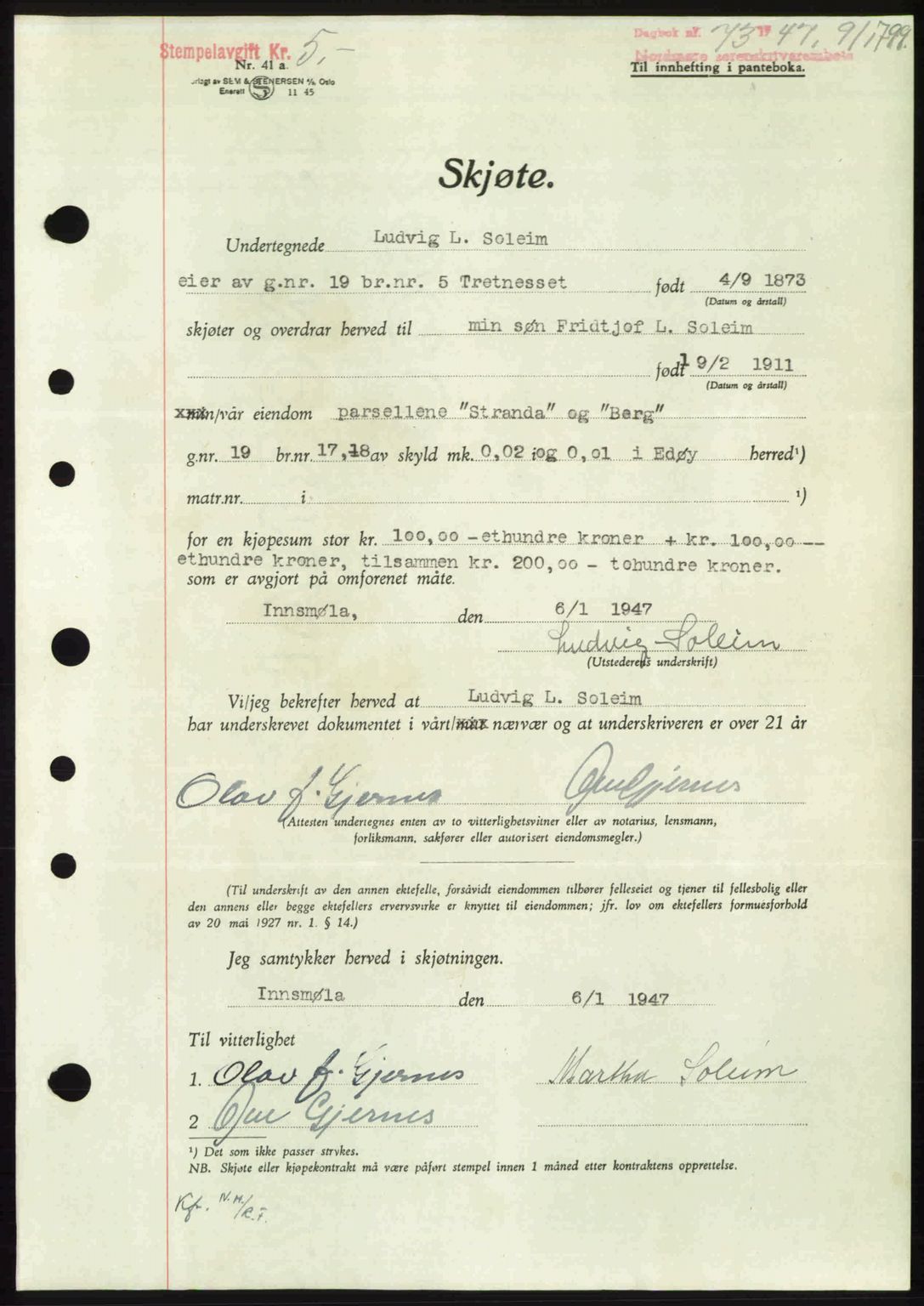 Nordmøre sorenskriveri, AV/SAT-A-4132/1/2/2Ca: Mortgage book no. A103, 1946-1947, Diary no: : 73/1947