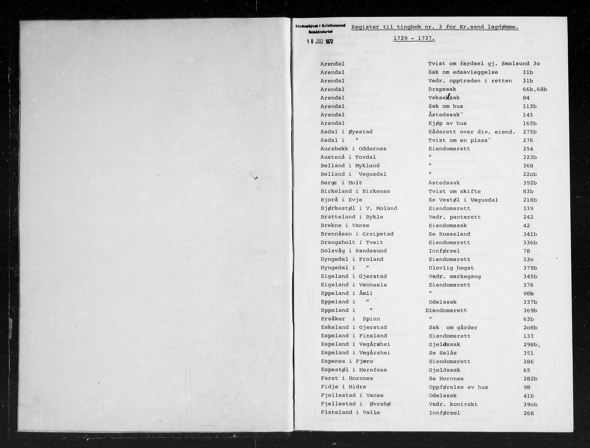 Kristiansand lagdømme, AV/SAK-1232-0001/F/Fb/L0004: Tingbok med register, 1729-1737, p. 0b-1a