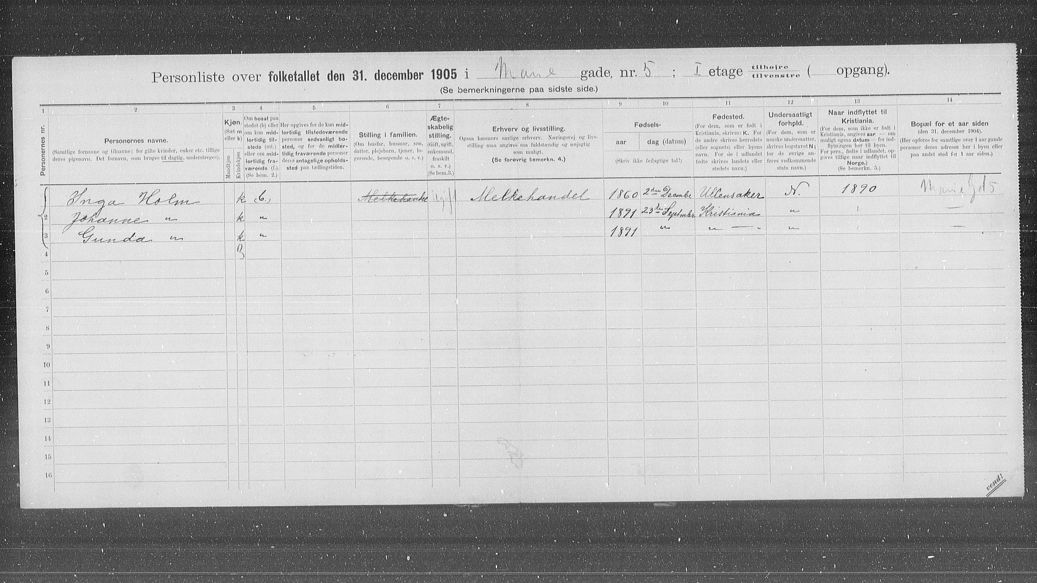 OBA, Municipal Census 1905 for Kristiania, 1905, p. 33006