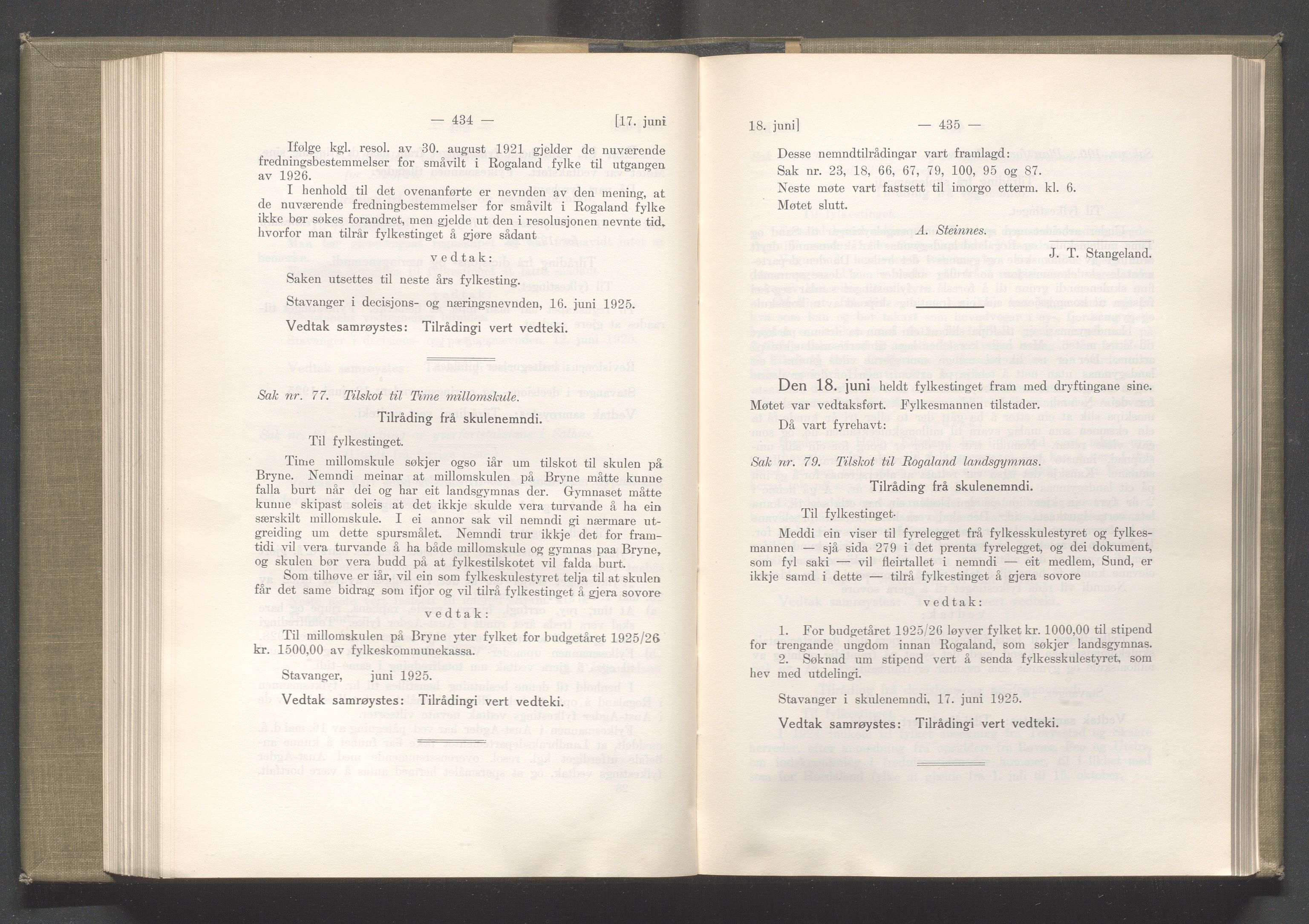 Rogaland fylkeskommune - Fylkesrådmannen , IKAR/A-900/A/Aa/Aaa/L0044: Møtebok , 1925, p. 434-435