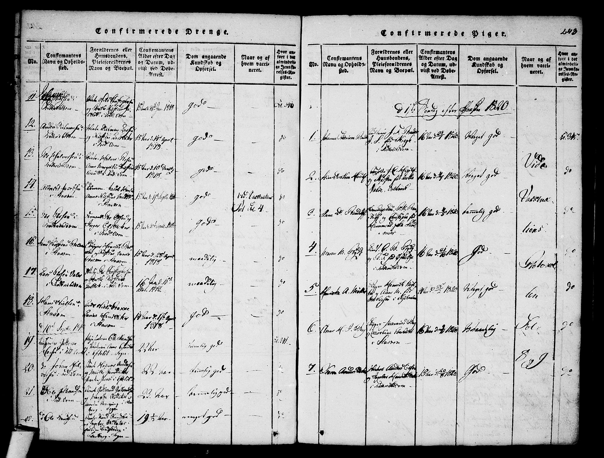 Stavern kirkebøker, AV/SAKO-A-318/F/Fa/L0006: Parish register (official) no. 6, 1816-1839, p. 243