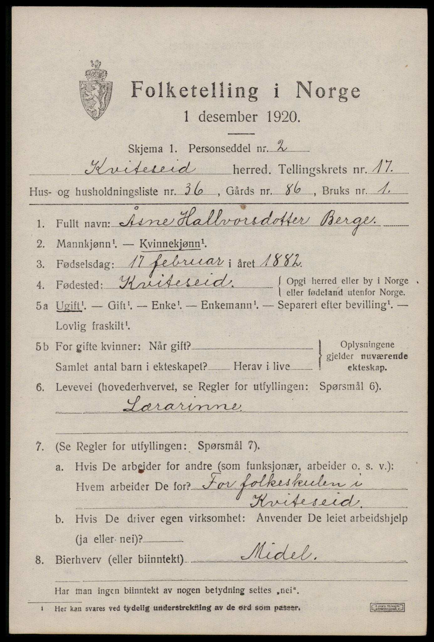 SAKO, 1920 census for Kviteseid, 1920, p. 8065