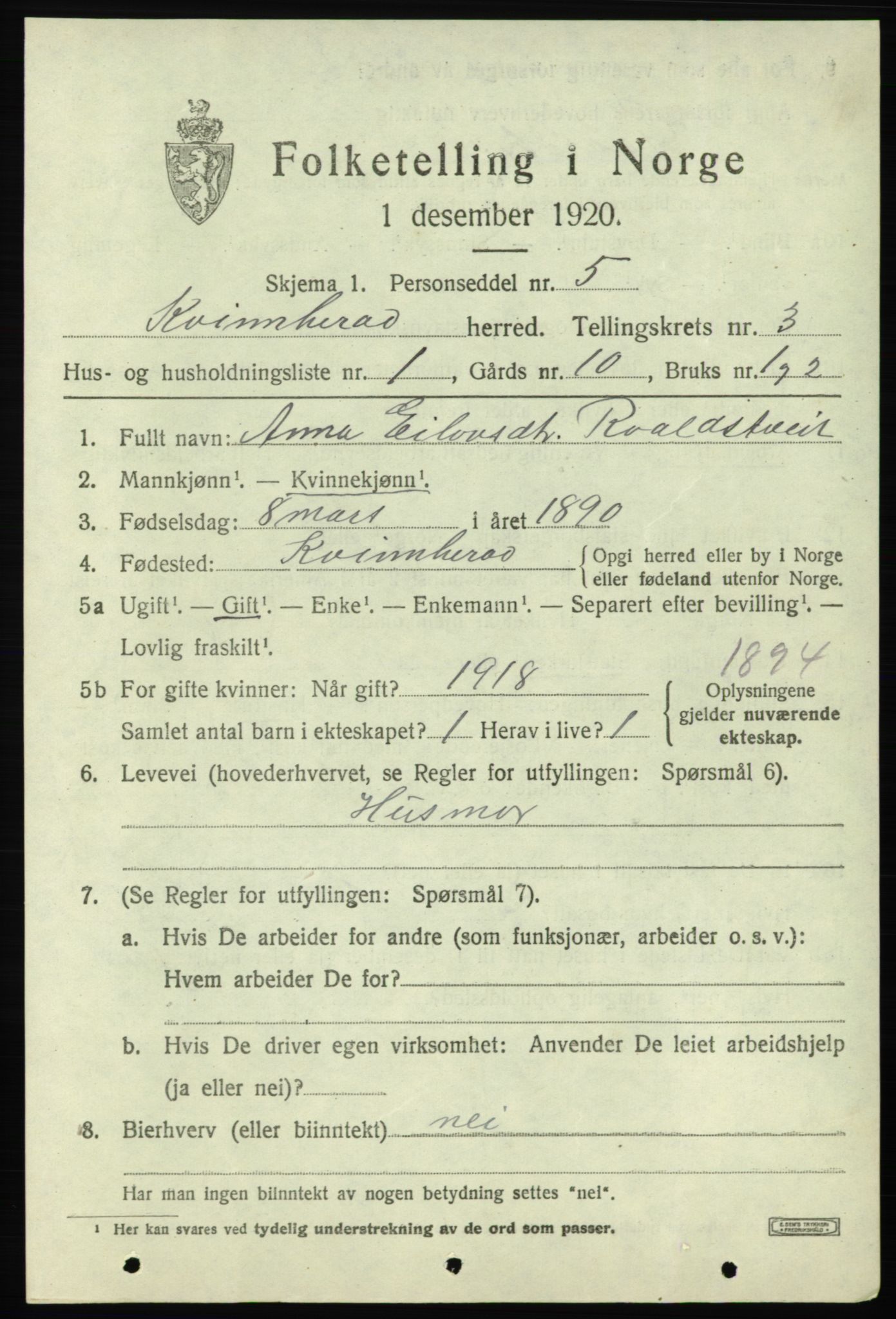 SAB, 1920 census for Kvinnherad, 1920, p. 4492