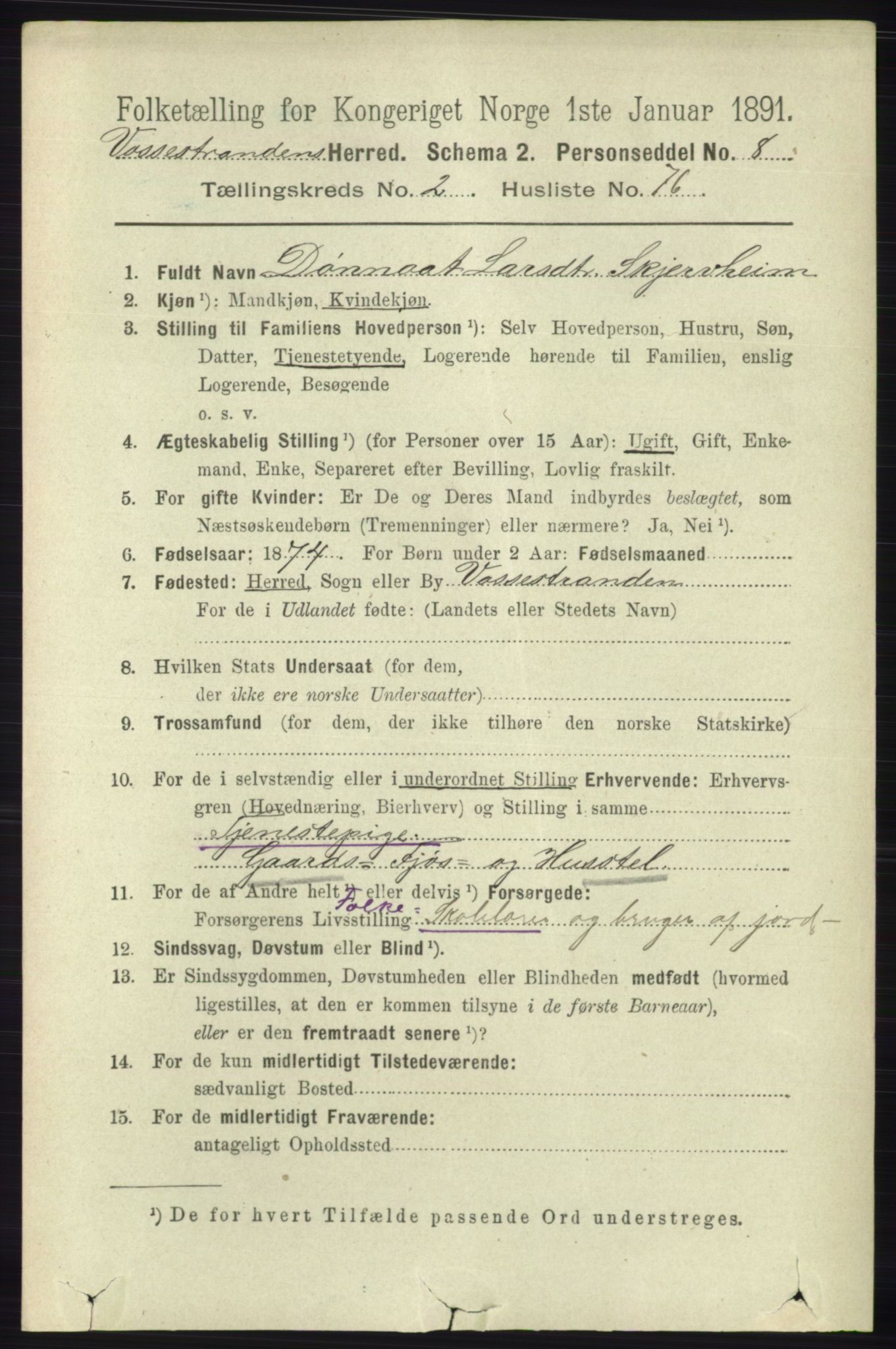 RA, 1891 census for 1236 Vossestrand, 1891, p. 1197