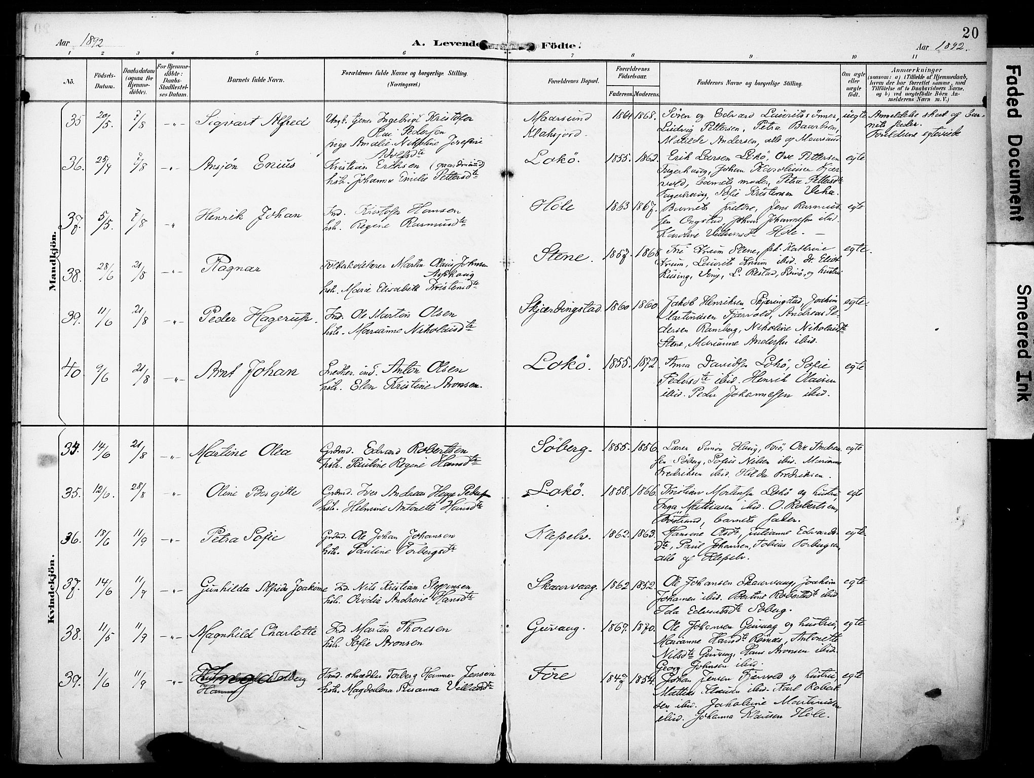Ministerialprotokoller, klokkerbøker og fødselsregistre - Nordland, SAT/A-1459/891/L1303: Parish register (official) no. 891A08, 1891-1894, p. 20