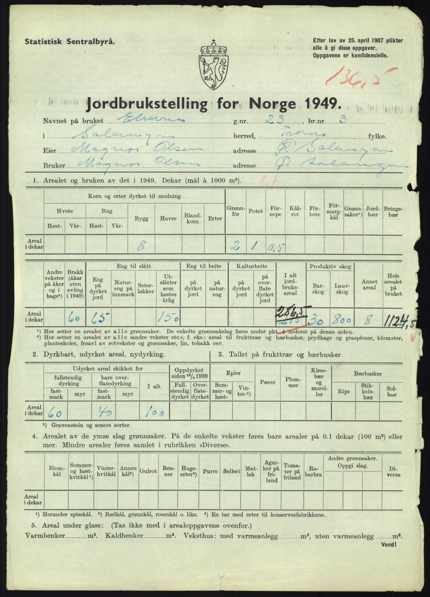 Statistisk sentralbyrå, Næringsøkonomiske emner, Jordbruk, skogbruk, jakt, fiske og fangst, AV/RA-S-2234/G/Gc/L0438: Troms: Salangen og Bardu, 1949, p. 915