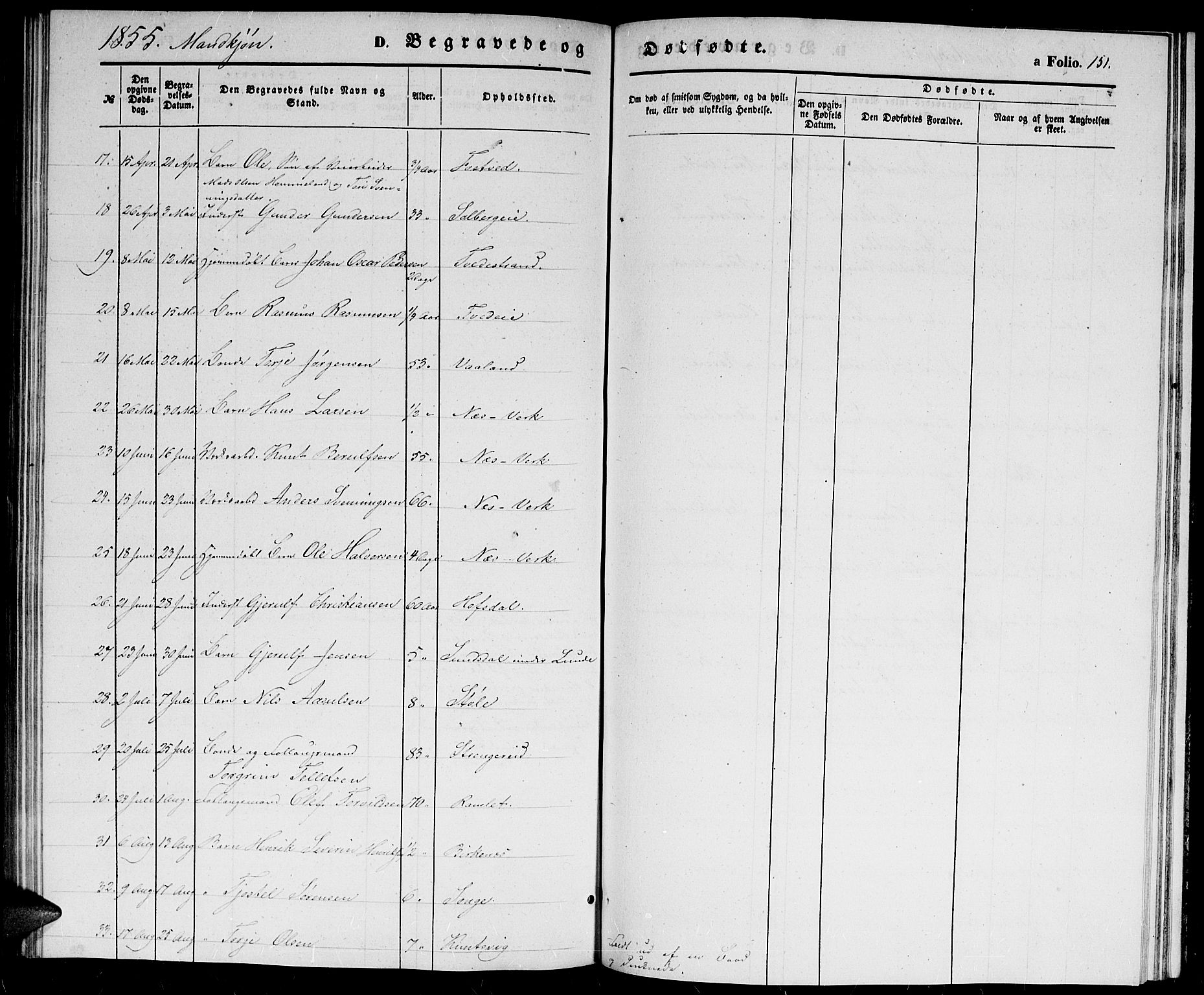 Holt sokneprestkontor, AV/SAK-1111-0021/F/Fb/L0007: Parish register (copy) no. B 7, 1849-1858, p. 151