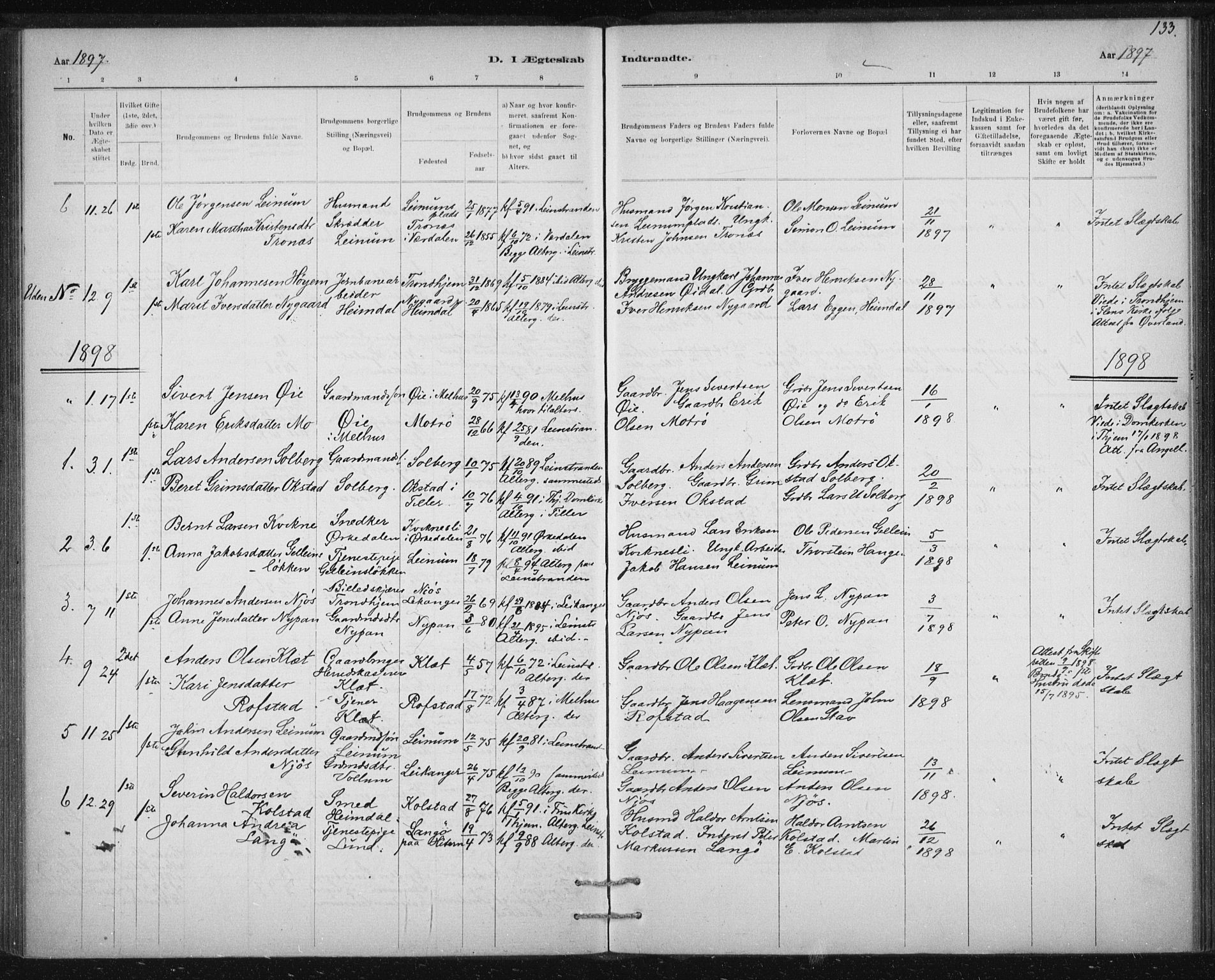 Ministerialprotokoller, klokkerbøker og fødselsregistre - Sør-Trøndelag, SAT/A-1456/613/L0392: Parish register (official) no. 613A01, 1887-1906, p. 133