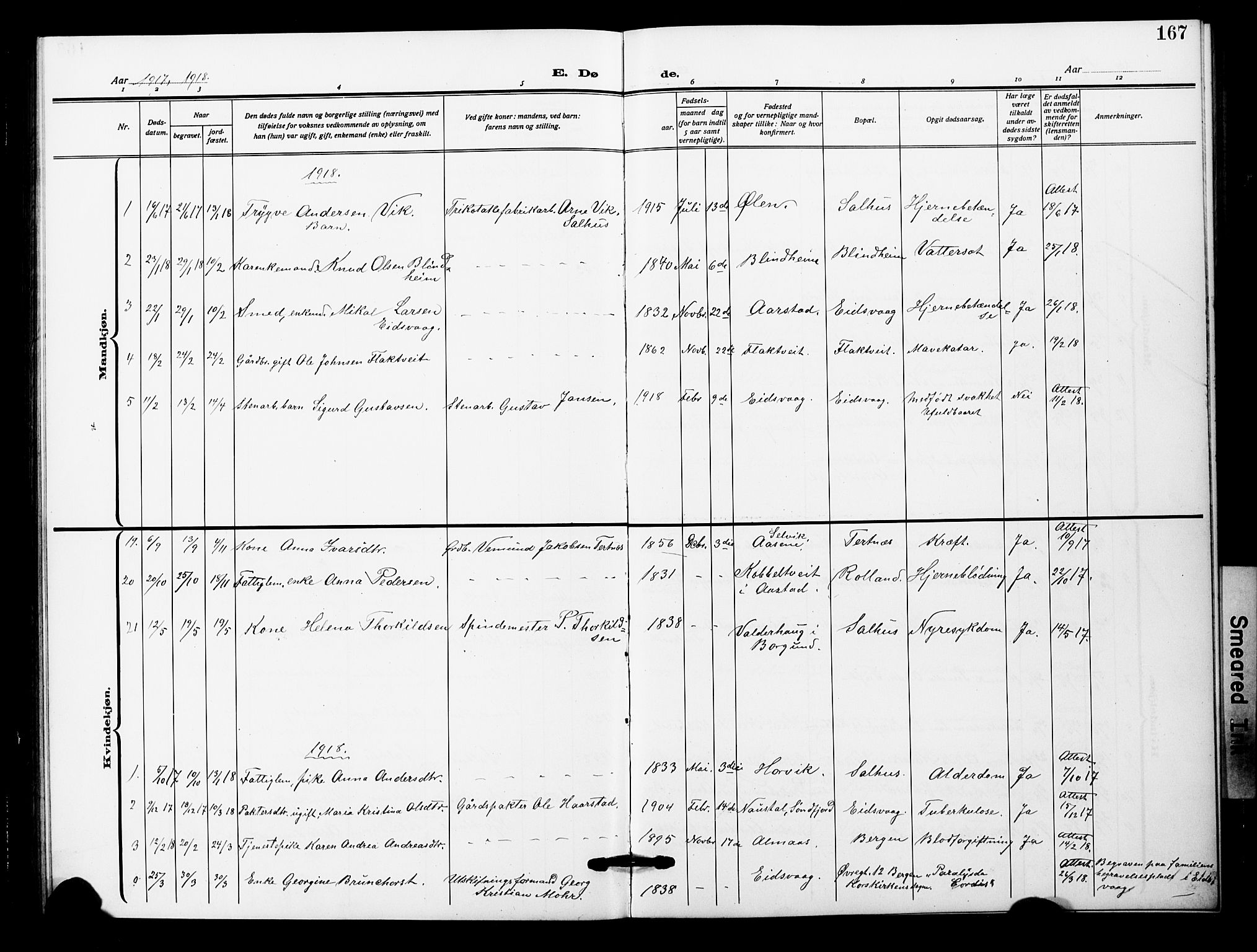 Åsane sokneprestembete, SAB/A-79401/H/Hab: Parish register (copy) no. A 4, 1915-1927, p. 167