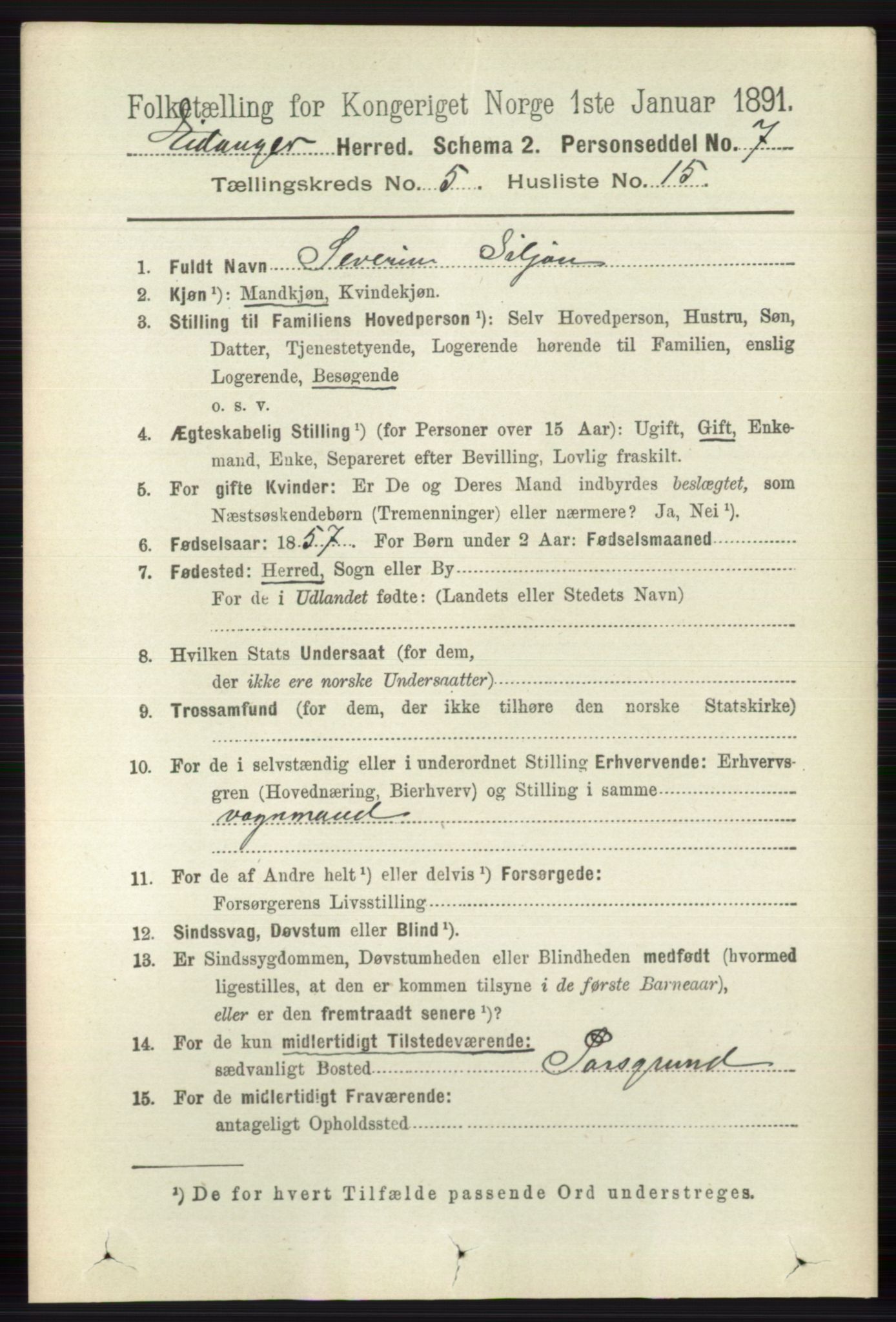 RA, 1891 census for 0813 Eidanger, 1891, p. 2364