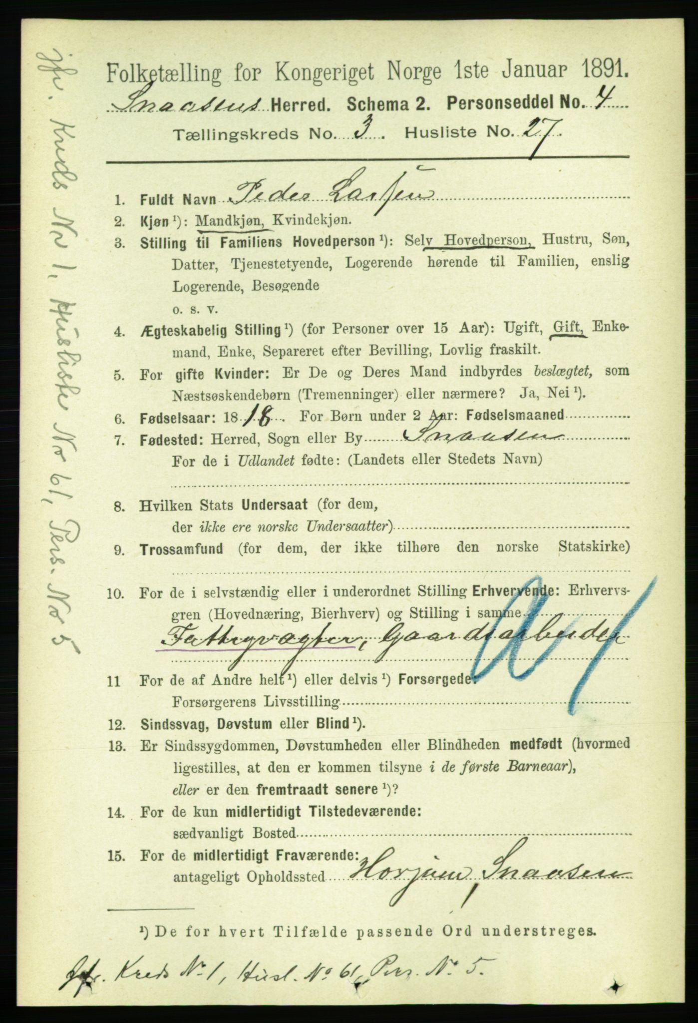 RA, 1891 census for 1736 Snåsa, 1891, p. 815