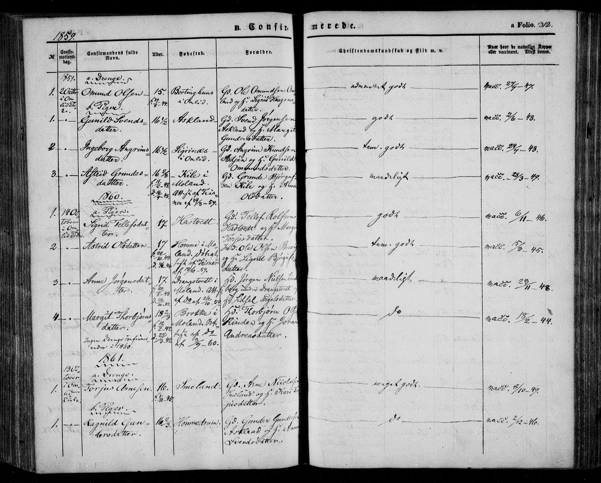 Åmli sokneprestkontor, SAK/1111-0050/F/Fa/Fac/L0008: Parish register (official) no. A 8, 1852-1869, p. 312