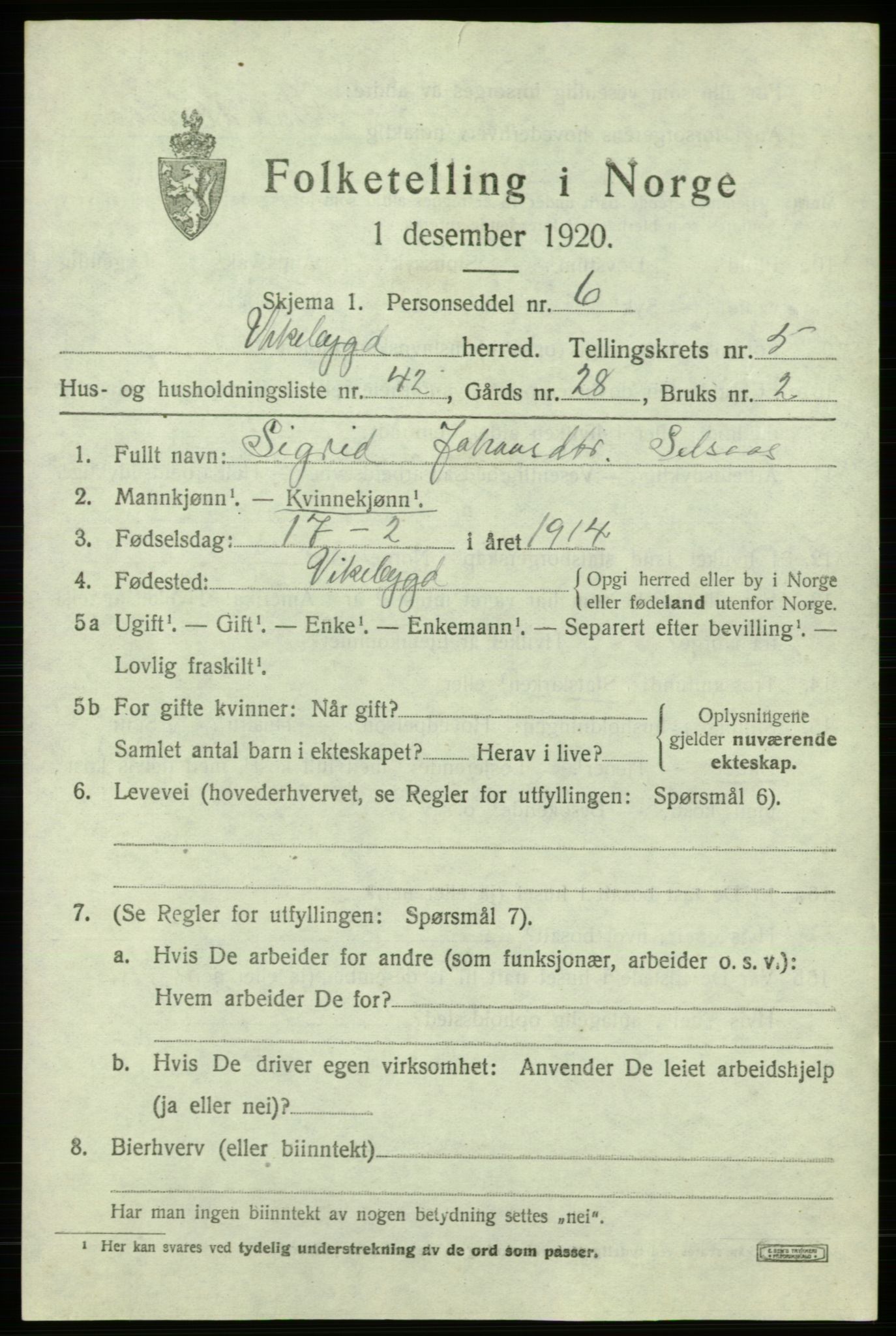 SAB, 1920 census for Vikebygd, 1920, p. 2171