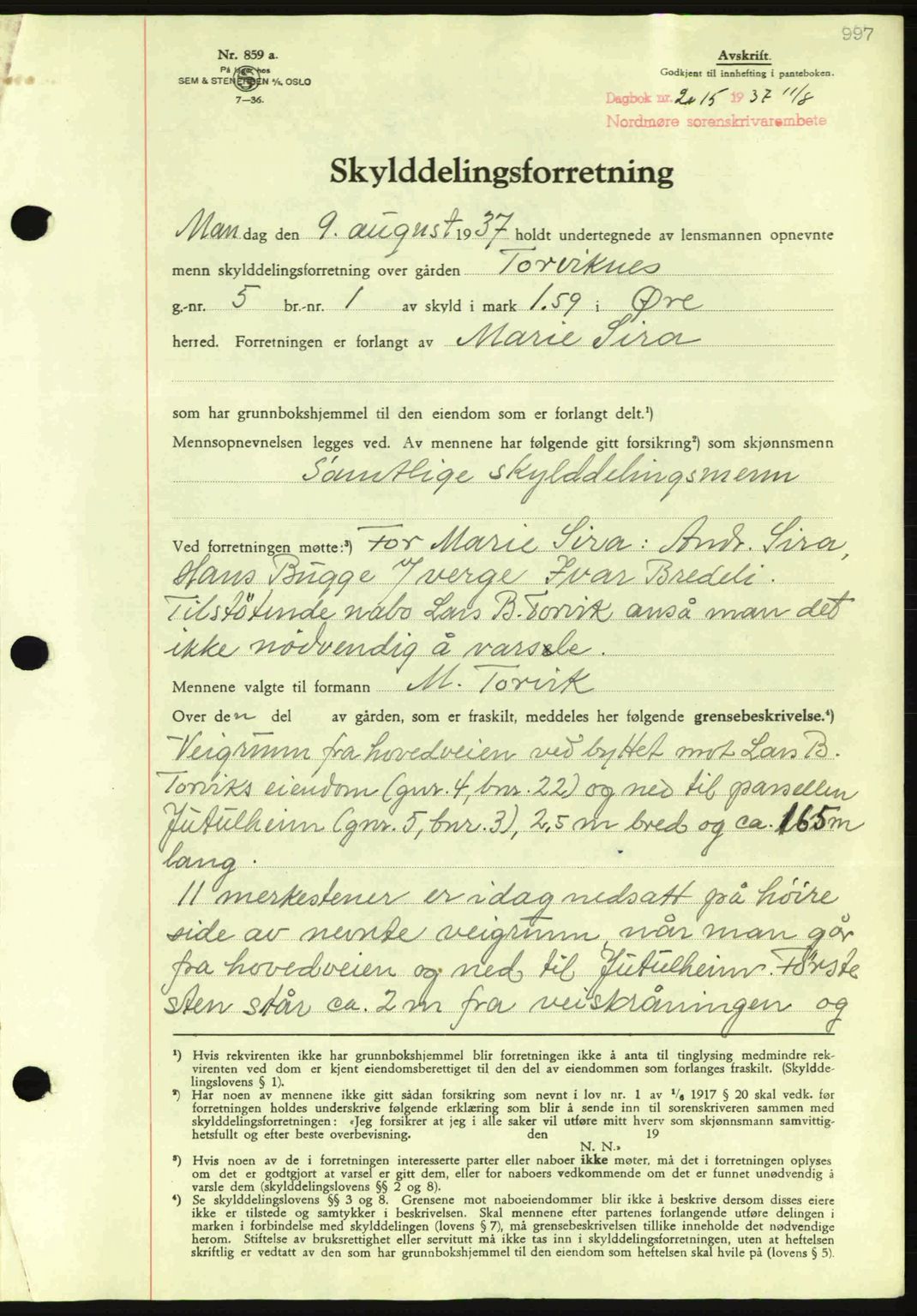 Nordmøre sorenskriveri, AV/SAT-A-4132/1/2/2Ca: Mortgage book no. A81, 1937-1937, Diary no: : 2015/1937