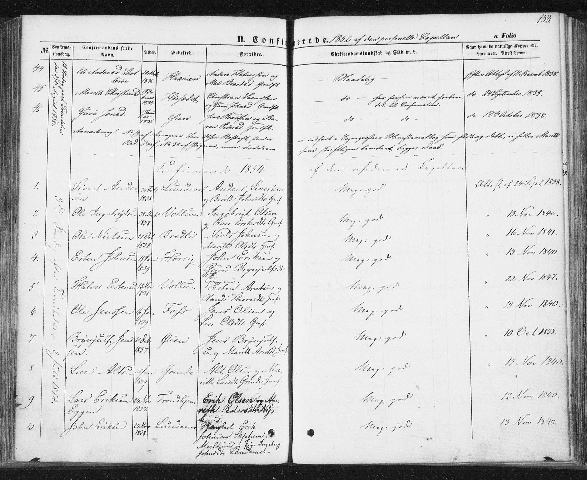 Ministerialprotokoller, klokkerbøker og fødselsregistre - Sør-Trøndelag, SAT/A-1456/692/L1103: Parish register (official) no. 692A03, 1849-1870, p. 153