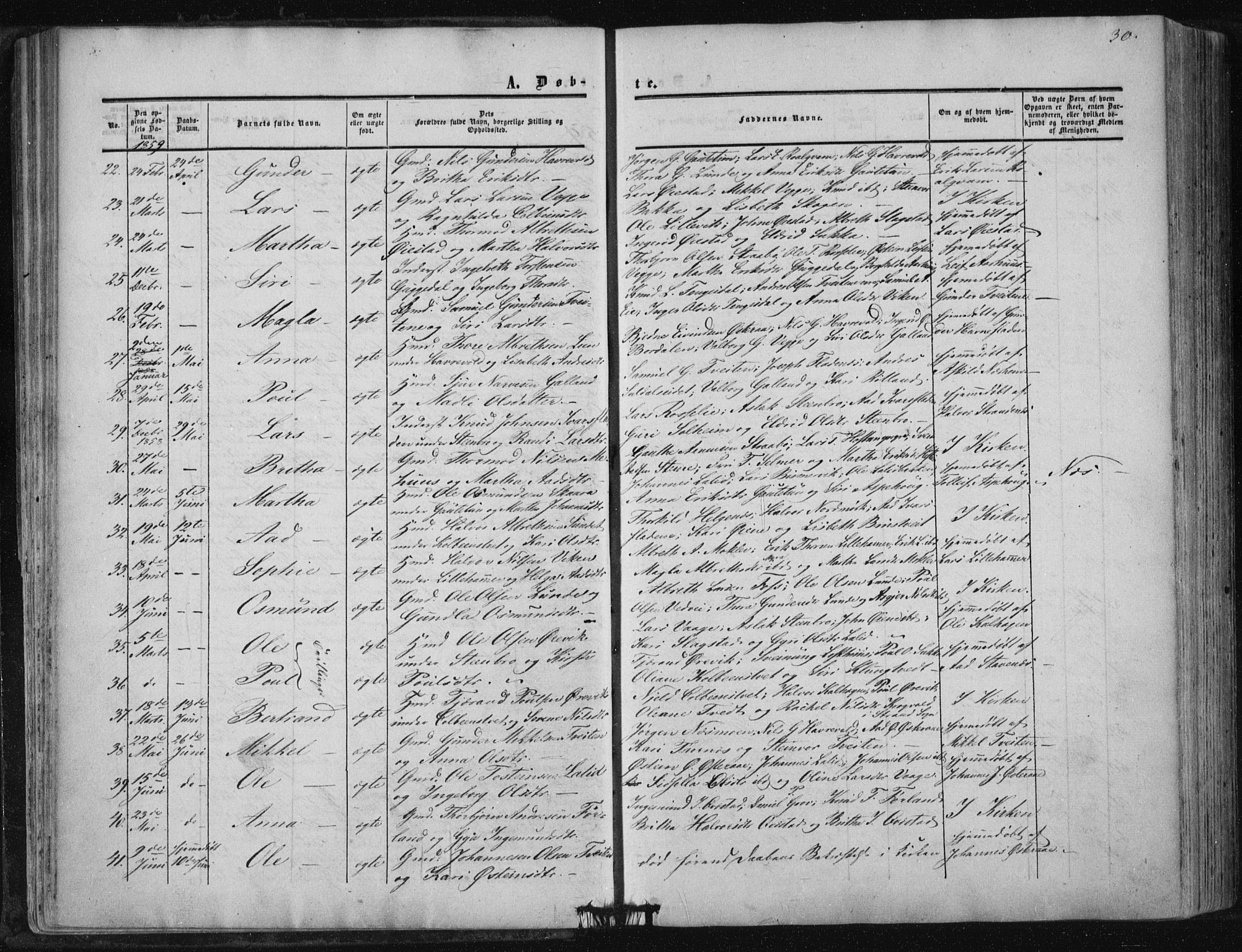 Suldal sokneprestkontor, AV/SAST-A-101845/01/IV/L0009: Parish register (official) no. A 9, 1854-1868, p. 30