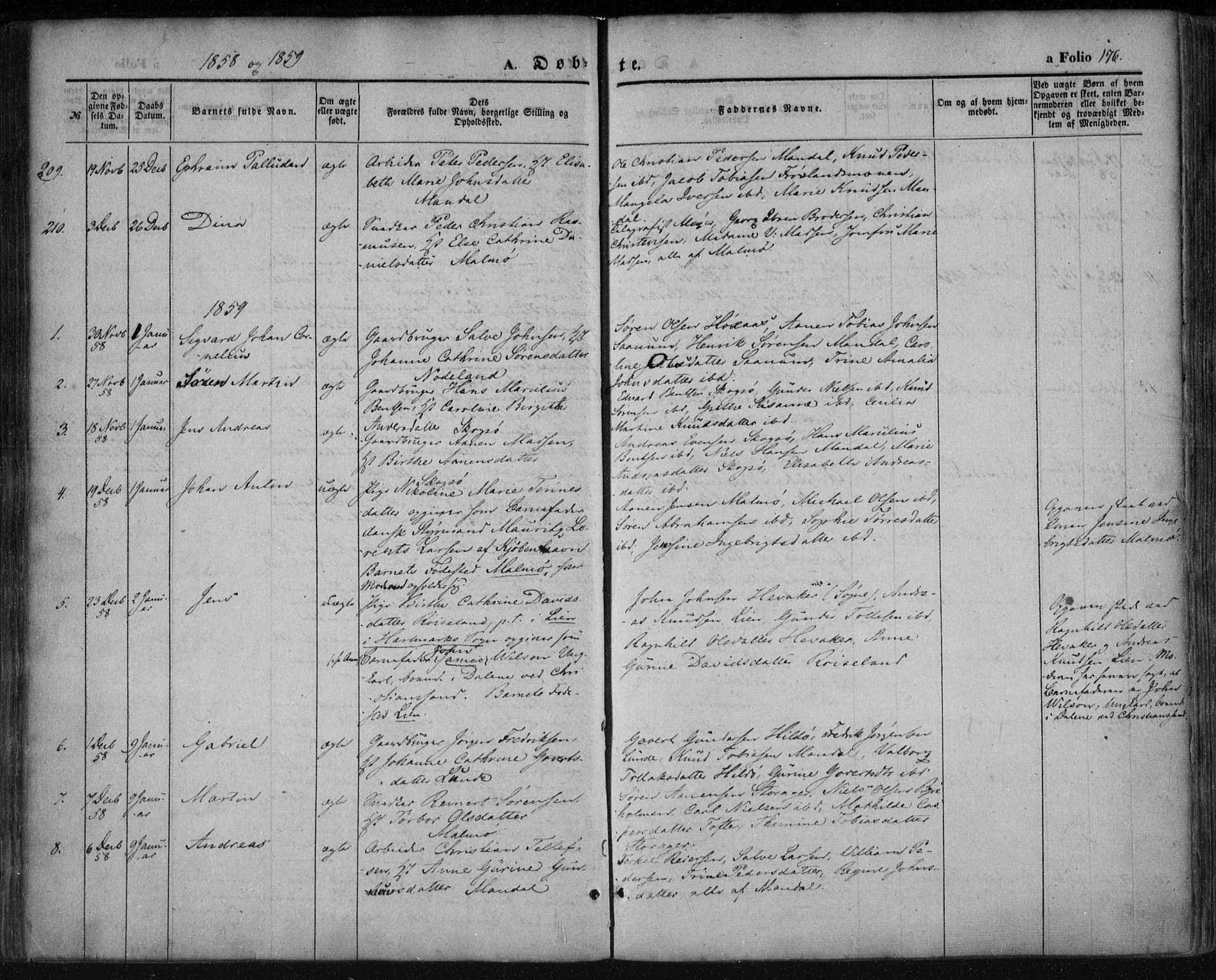 Mandal sokneprestkontor, AV/SAK-1111-0030/F/Fa/Faa/L0013: Parish register (official) no. A 13, 1847-1859, p. 176