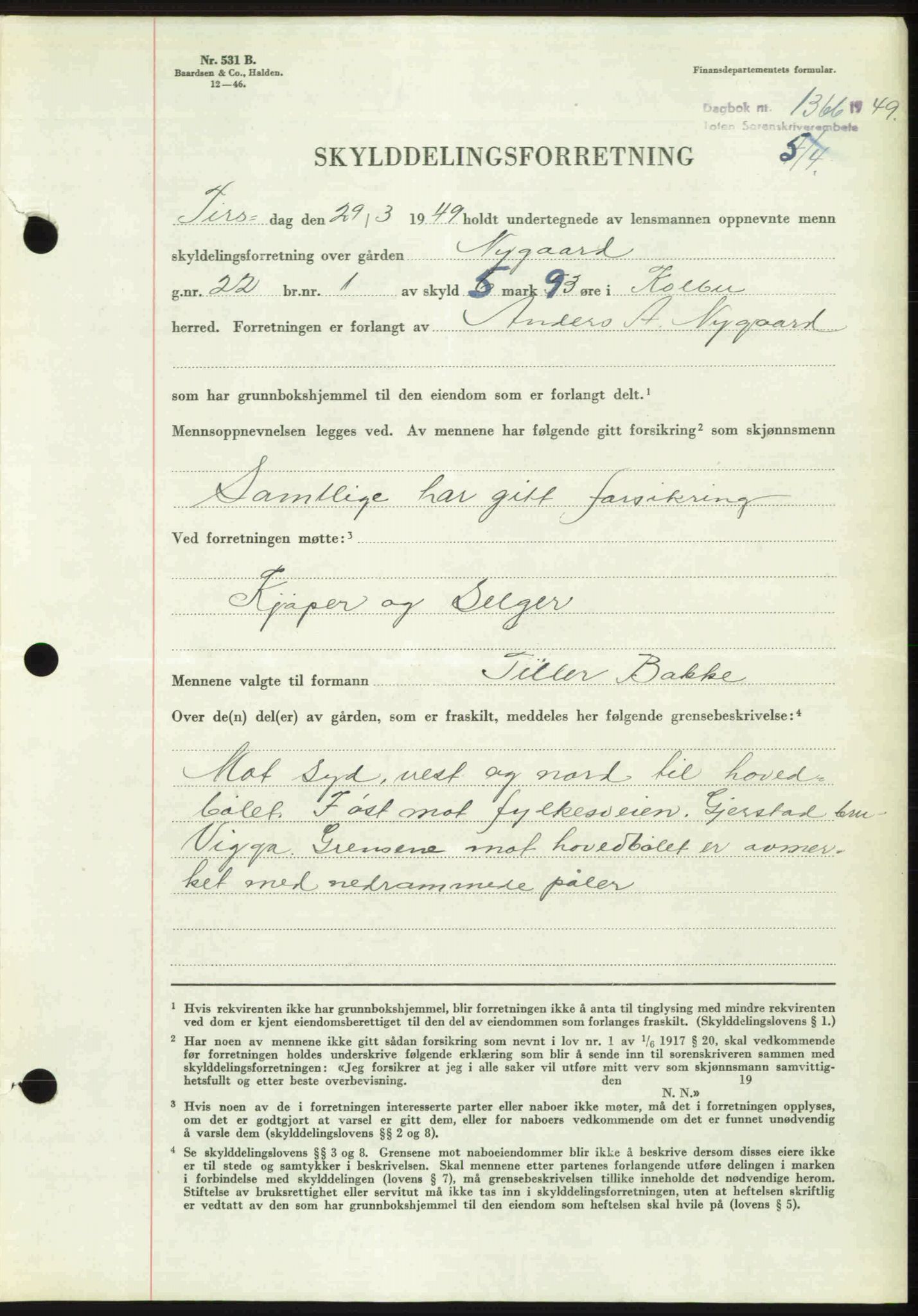 Toten tingrett, AV/SAH-TING-006/H/Hb/Hbc/L0021: Mortgage book no. Hbc-21, 1948-1949, Diary no: : 1366/1949