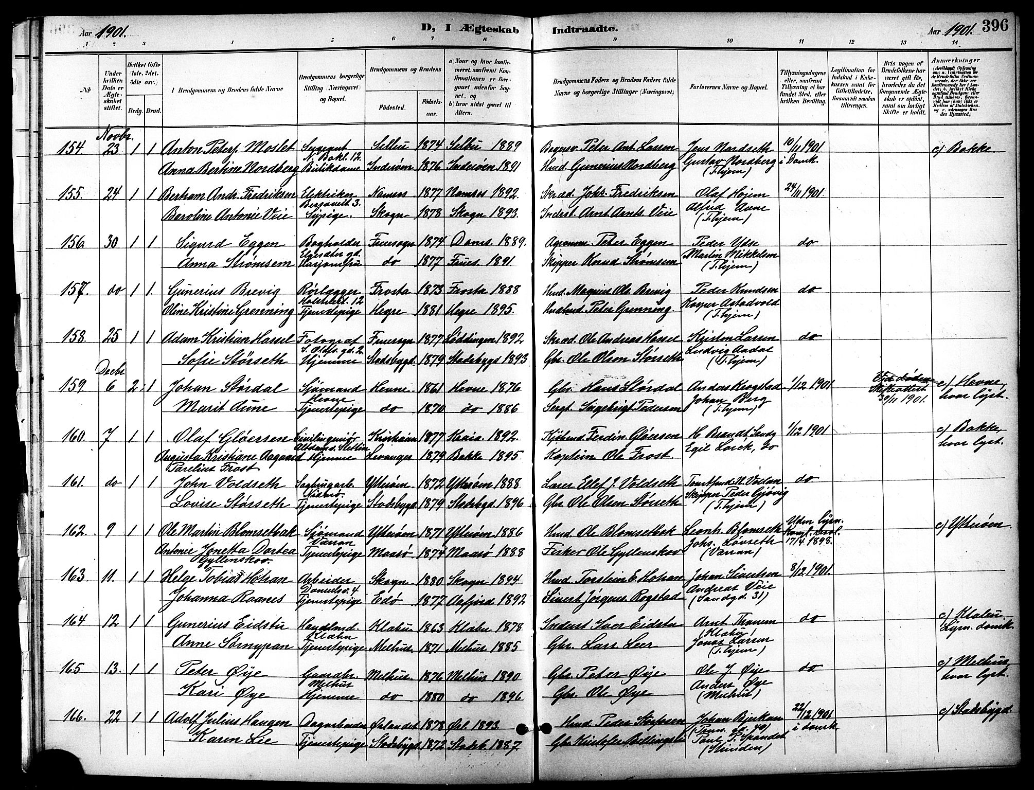 Ministerialprotokoller, klokkerbøker og fødselsregistre - Sør-Trøndelag, SAT/A-1456/601/L0094: Parish register (copy) no. 601C12, 1898-1911, p. 396