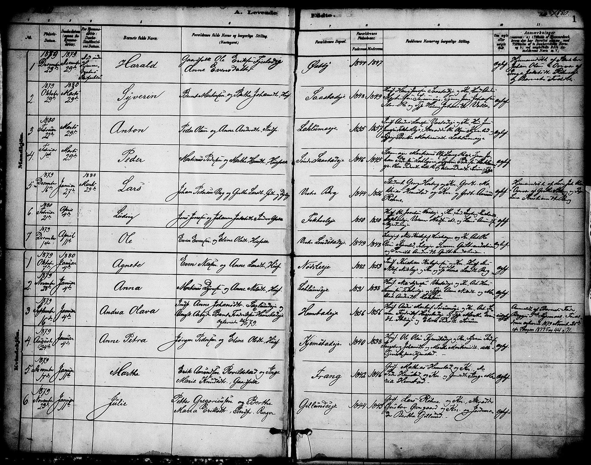 Stange prestekontor, SAH/PREST-002/K/L0017: Parish register (official) no. 17, 1880-1893, p. 1