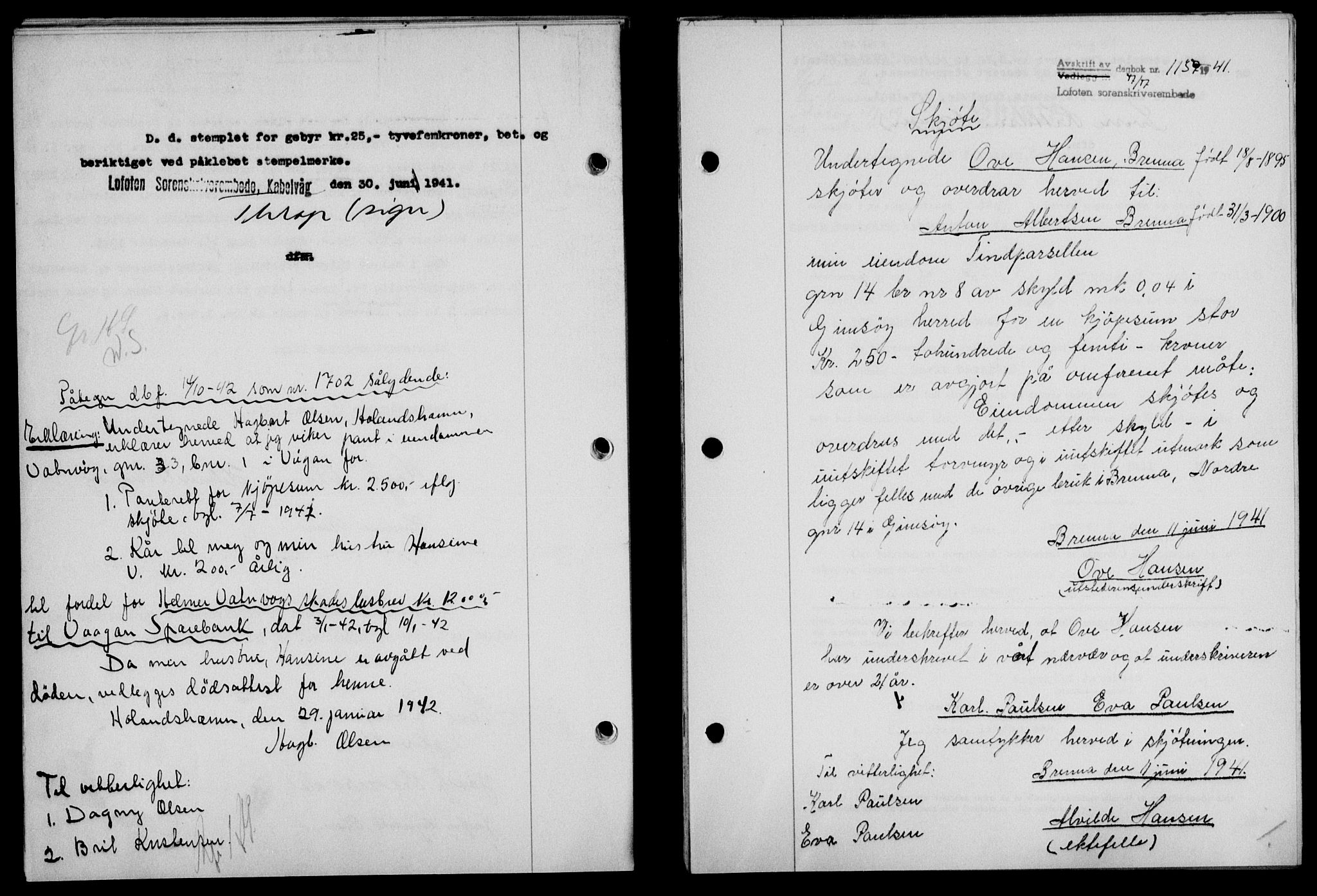 Lofoten sorenskriveri, SAT/A-0017/1/2/2C/L0008a: Mortgage book no. 8a, 1940-1941, Diary no: : 1137/1941