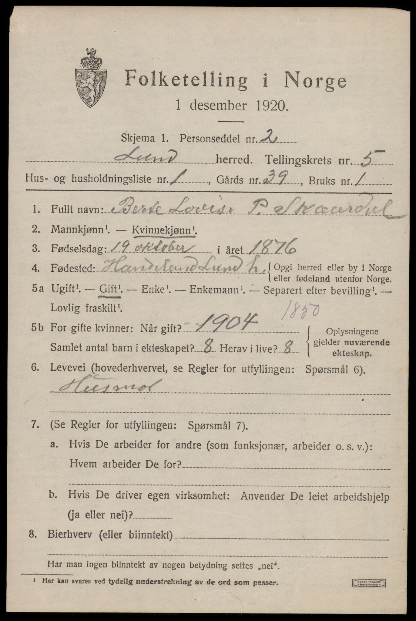 SAST, 1920 census for Lund, 1920, p. 3134