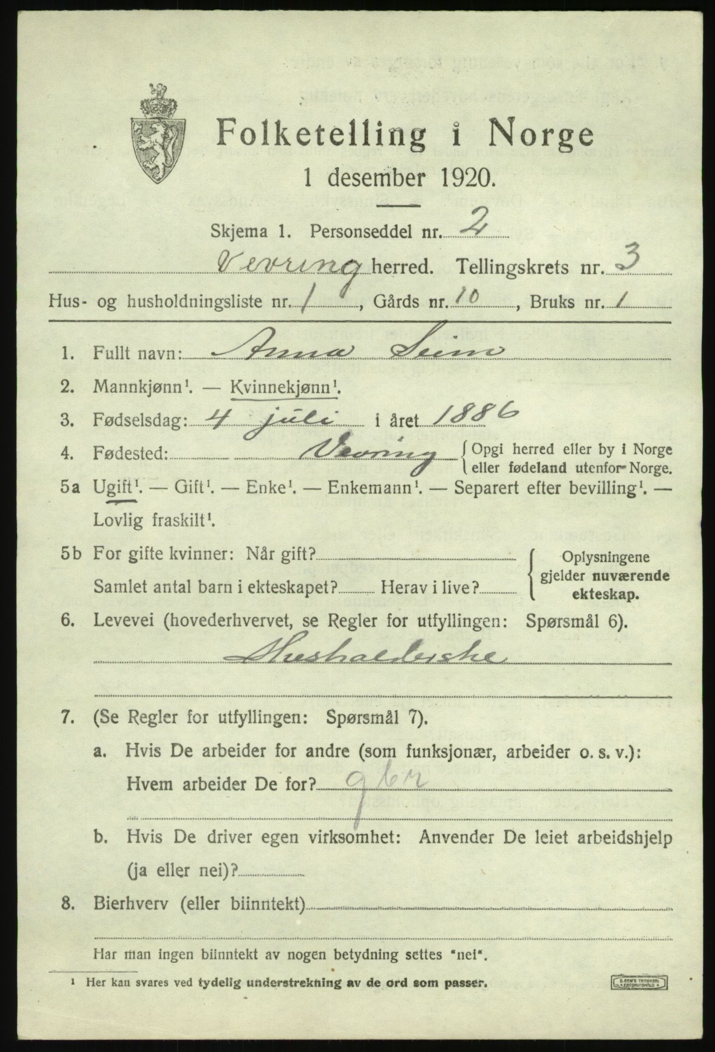 SAB, 1920 census for Vevring, 1920, p. 1000