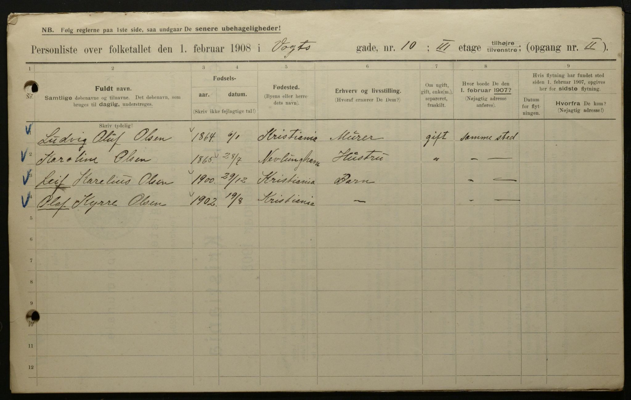 OBA, Municipal Census 1908 for Kristiania, 1908, p. 111538