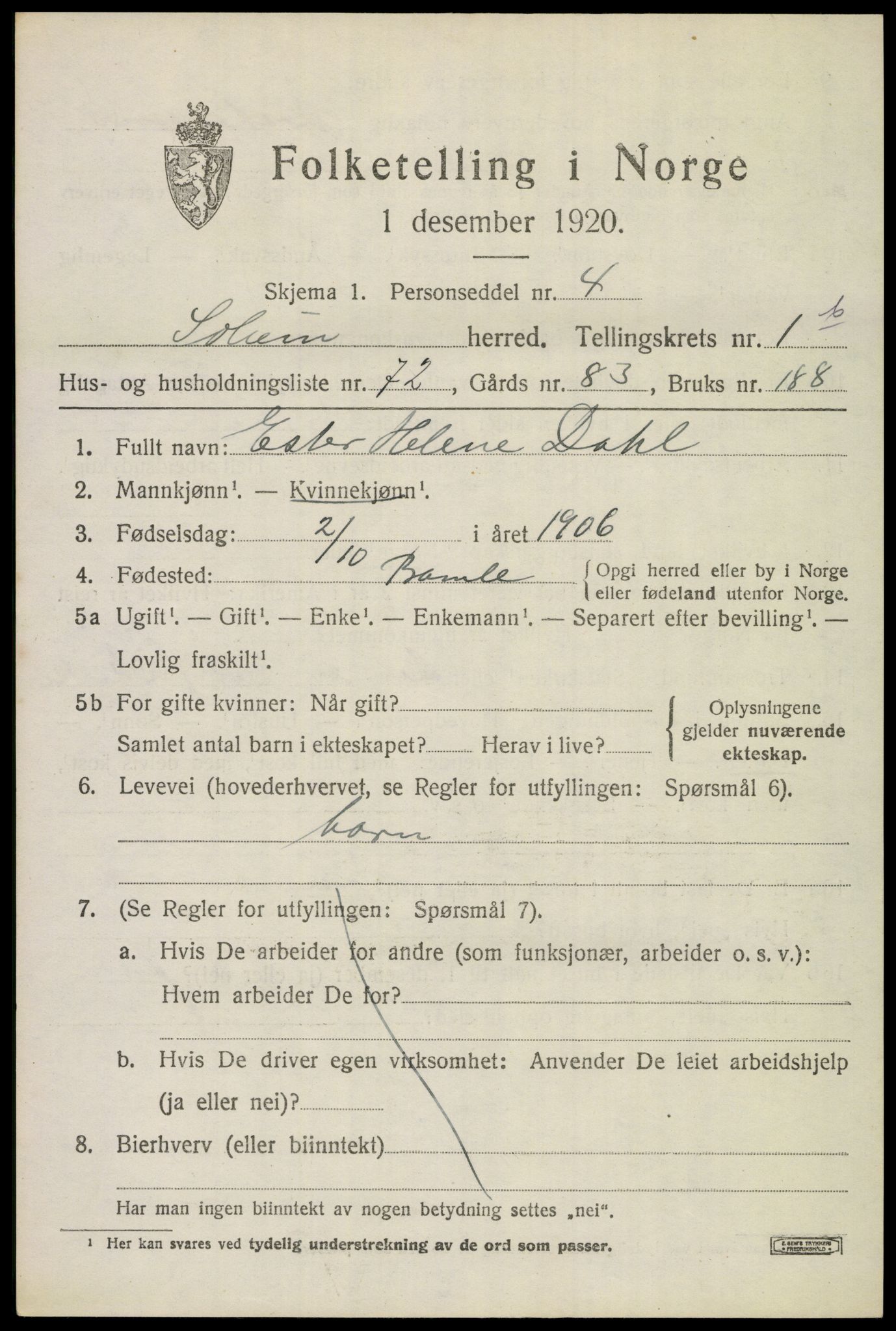 SAKO, 1920 census for Solum, 1920, p. 5818