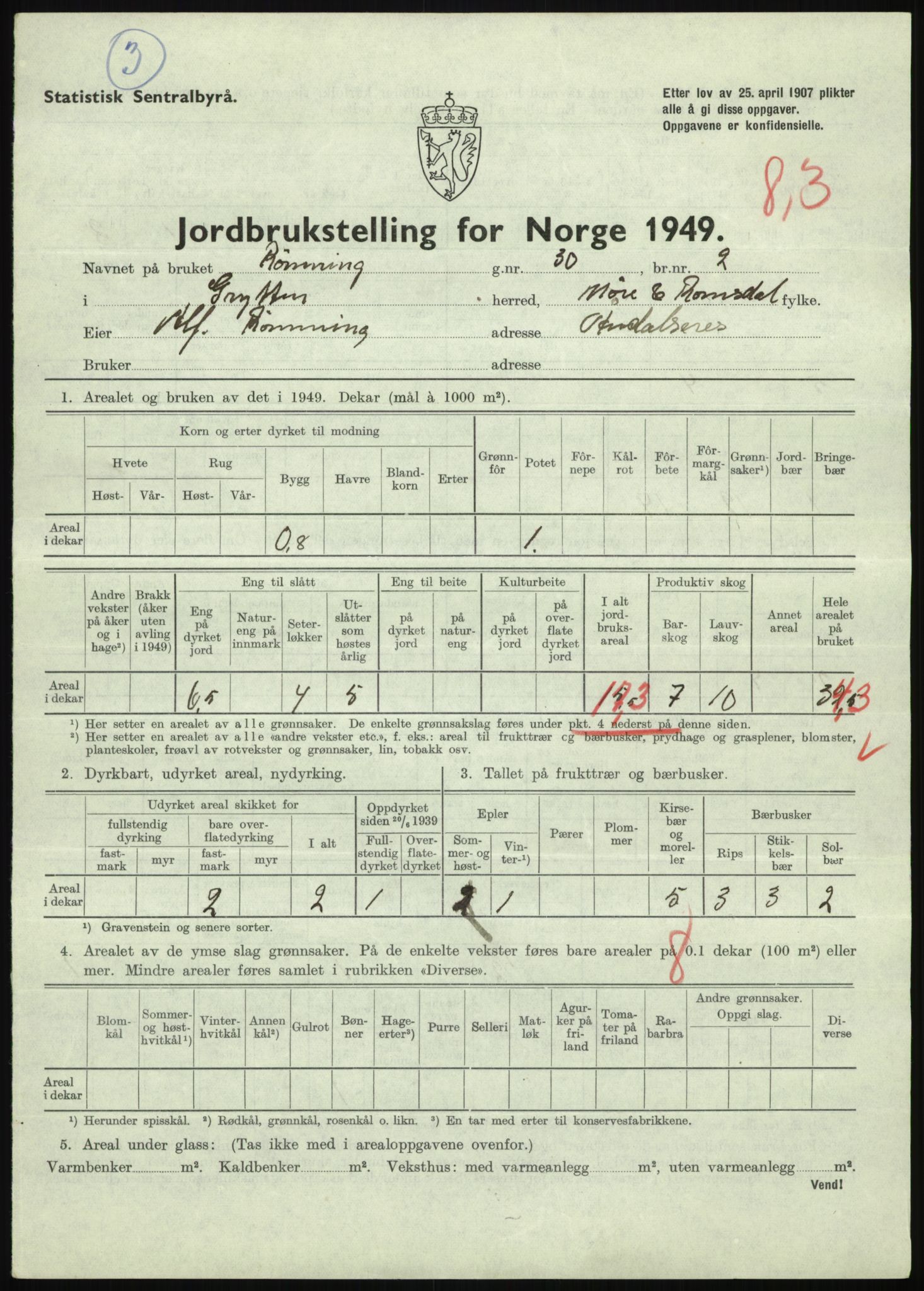 Statistisk sentralbyrå, Næringsøkonomiske emner, Jordbruk, skogbruk, jakt, fiske og fangst, AV/RA-S-2234/G/Gc/L0323: Møre og Romsdal: Grytten og Hen, 1949, p. 51