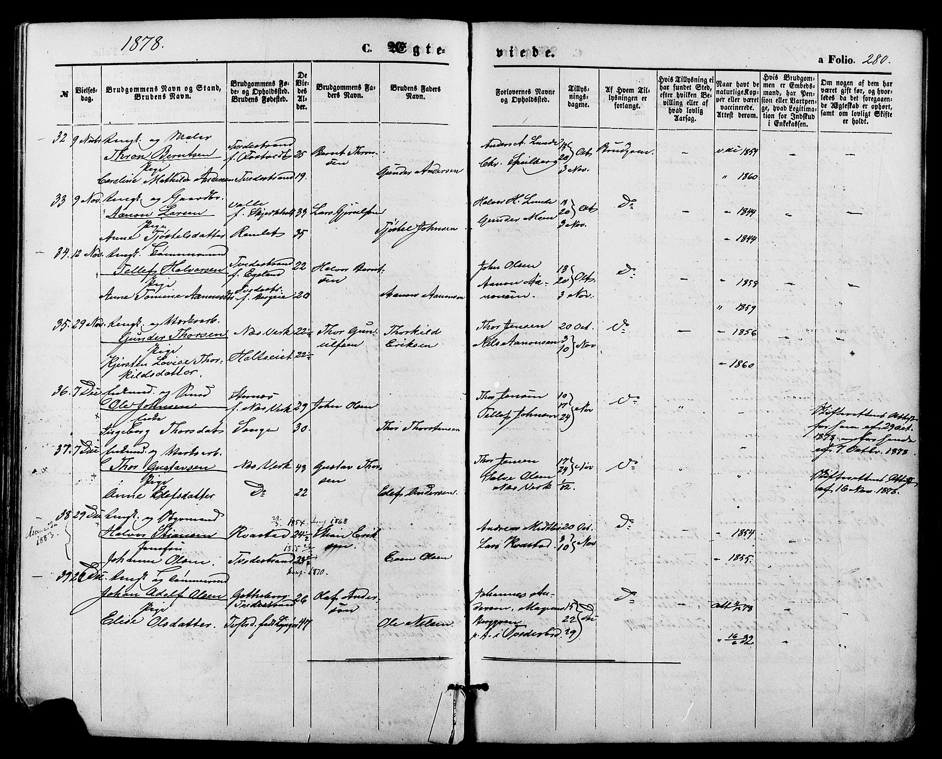 Holt sokneprestkontor, AV/SAK-1111-0021/F/Fa/L0010: Parish register (official) no. A 10, 1872-1885, p. 280