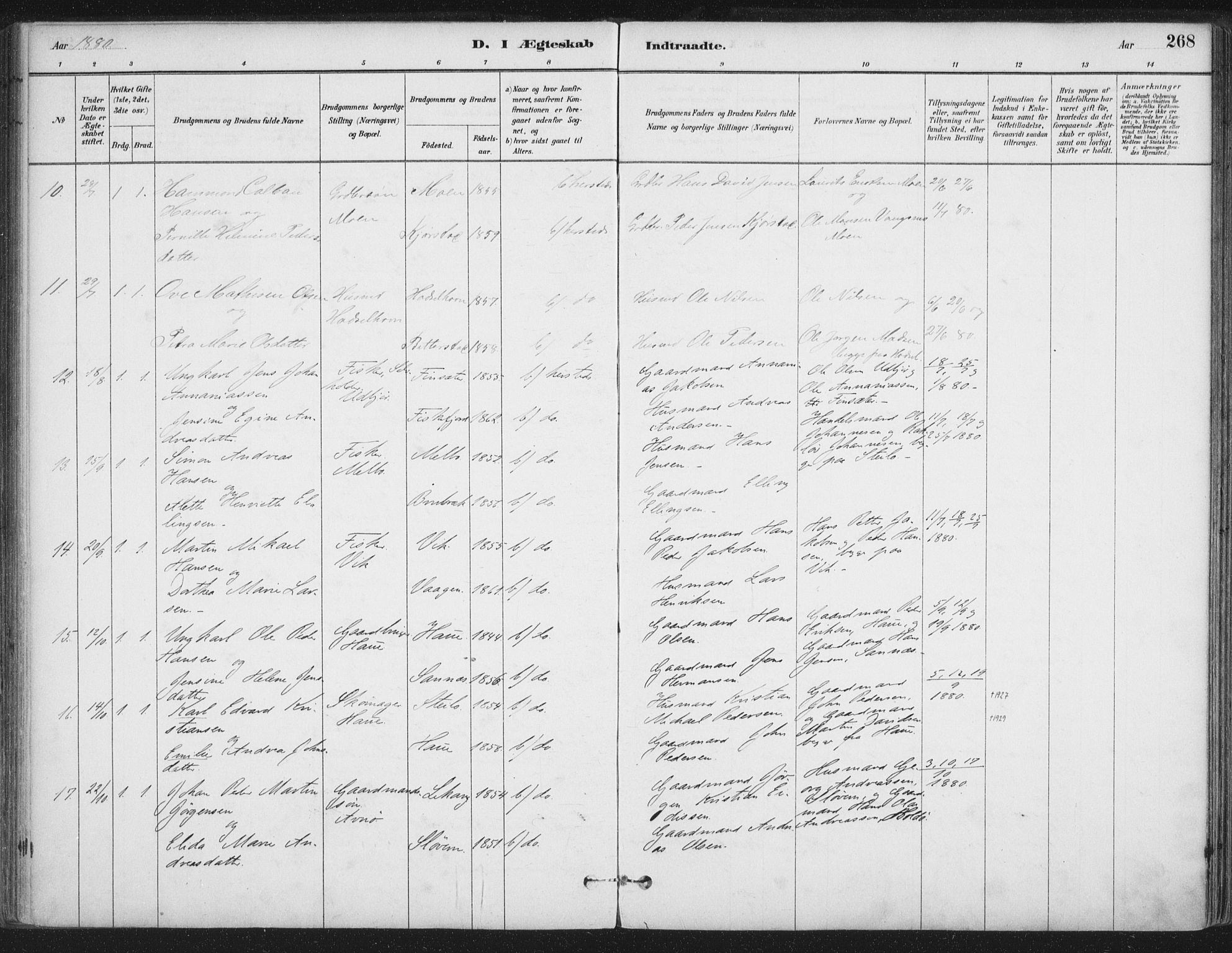 Ministerialprotokoller, klokkerbøker og fødselsregistre - Nordland, AV/SAT-A-1459/888/L1244: Parish register (official) no. 888A10, 1880-1890, p. 268