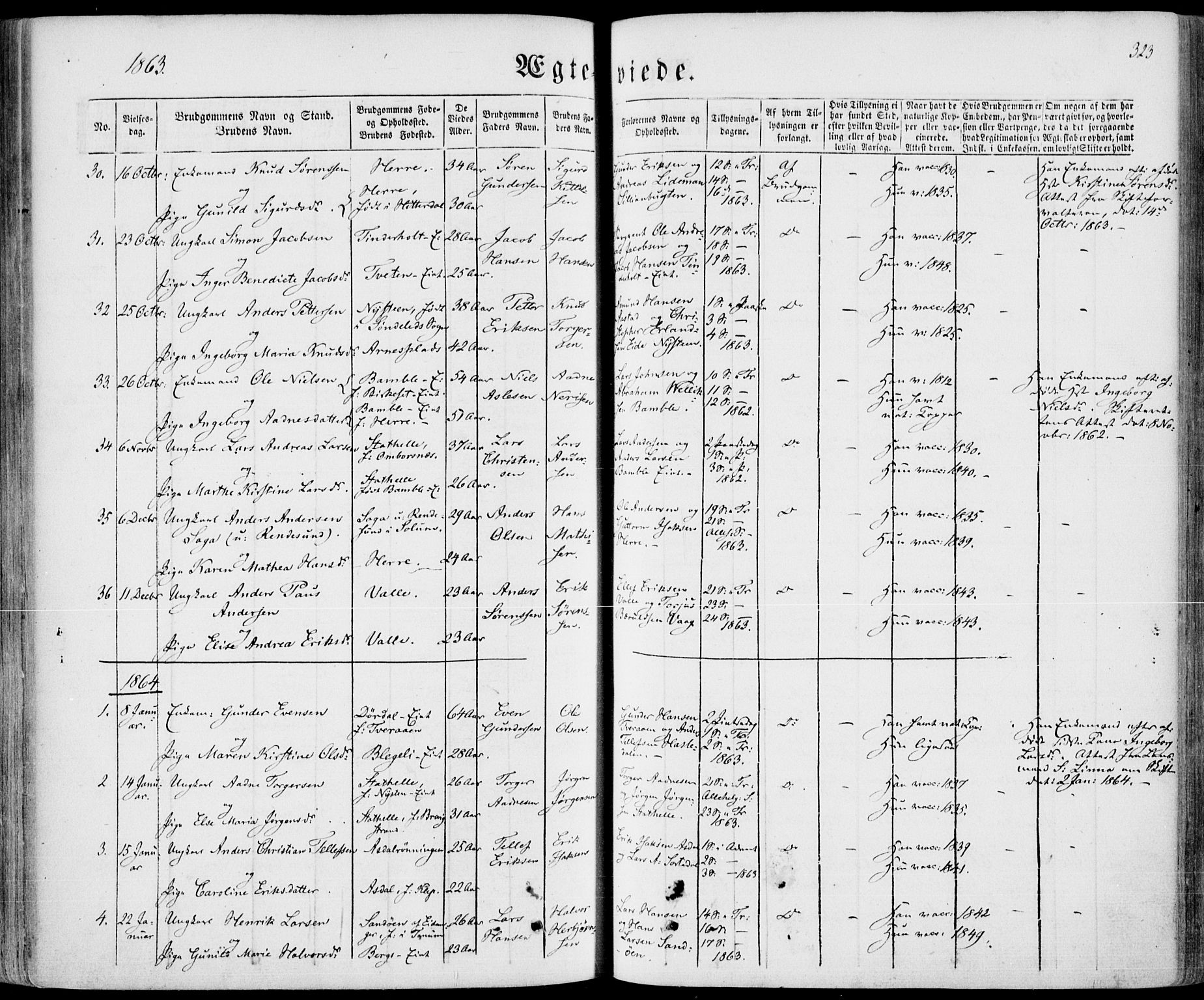 Bamble kirkebøker, SAKO/A-253/F/Fa/L0005: Parish register (official) no. I 5, 1854-1869, p. 323