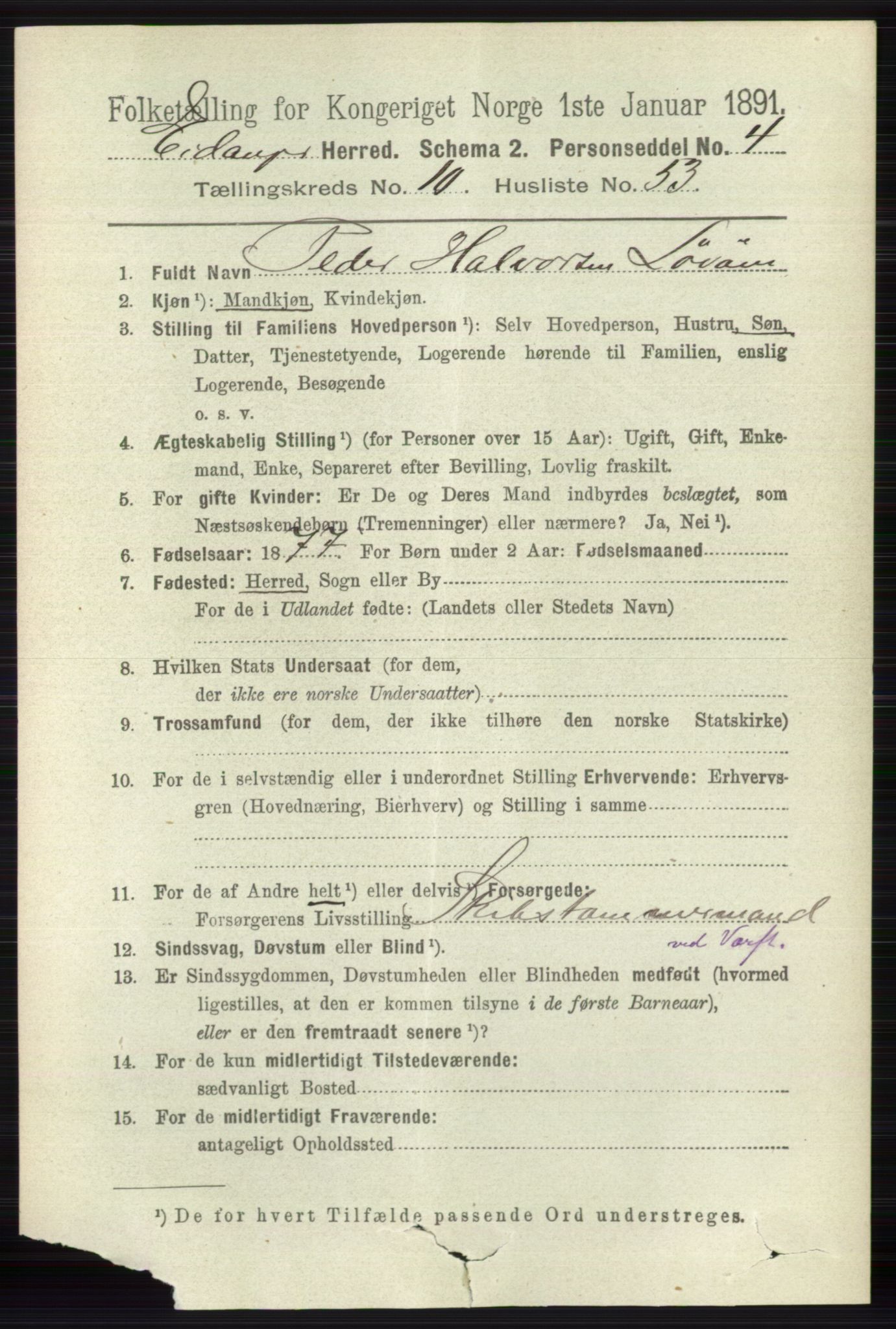 RA, 1891 census for 0813 Eidanger, 1891, p. 4202