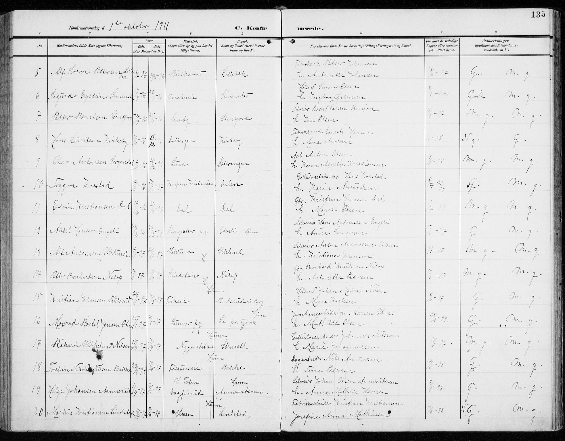 Vardal prestekontor, SAH/PREST-100/H/Ha/Haa/L0016: Parish register (official) no. 16, 1904-1916, p. 135